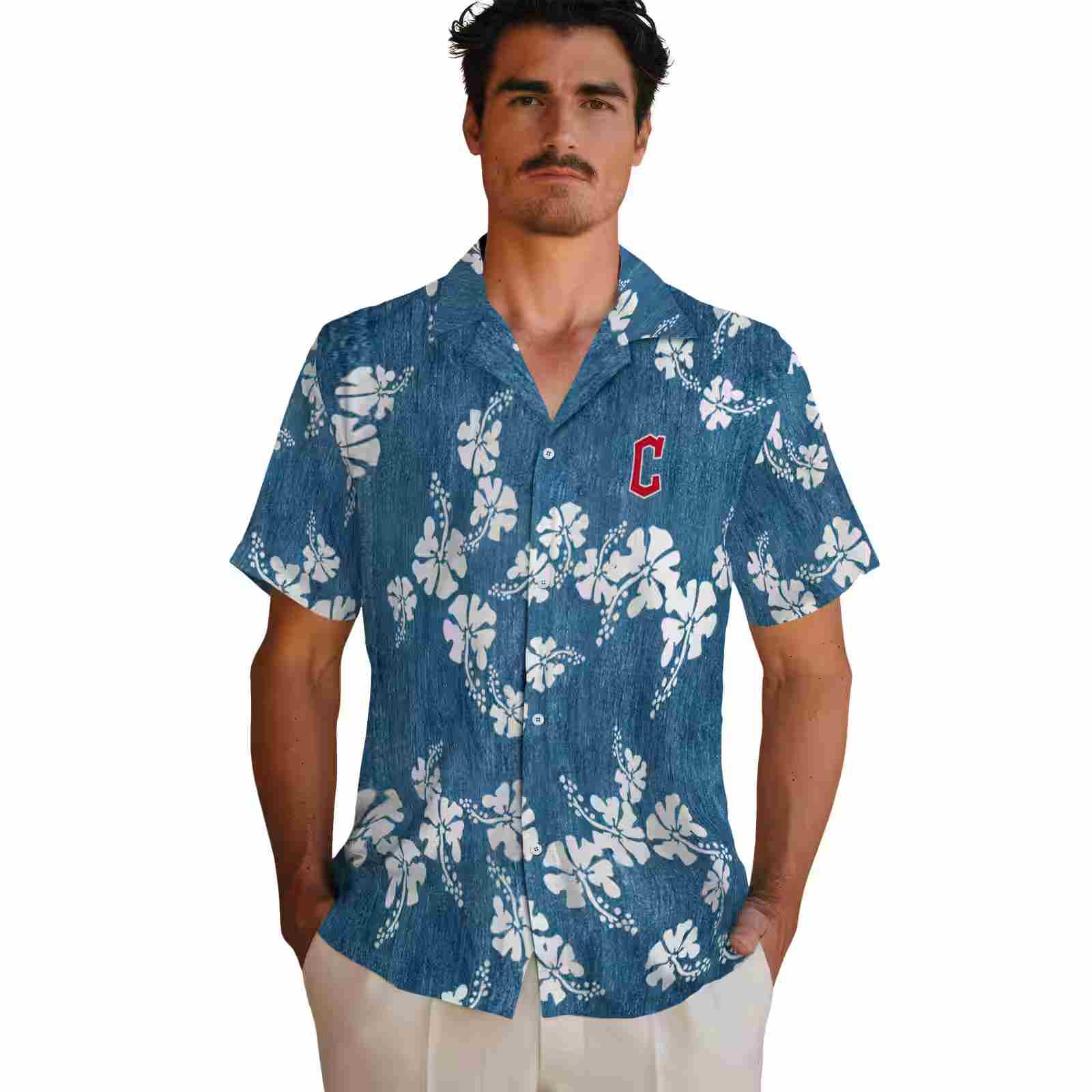 cleveland guardians hibiscus clusters navy blue hawaiian shirt fashion forward