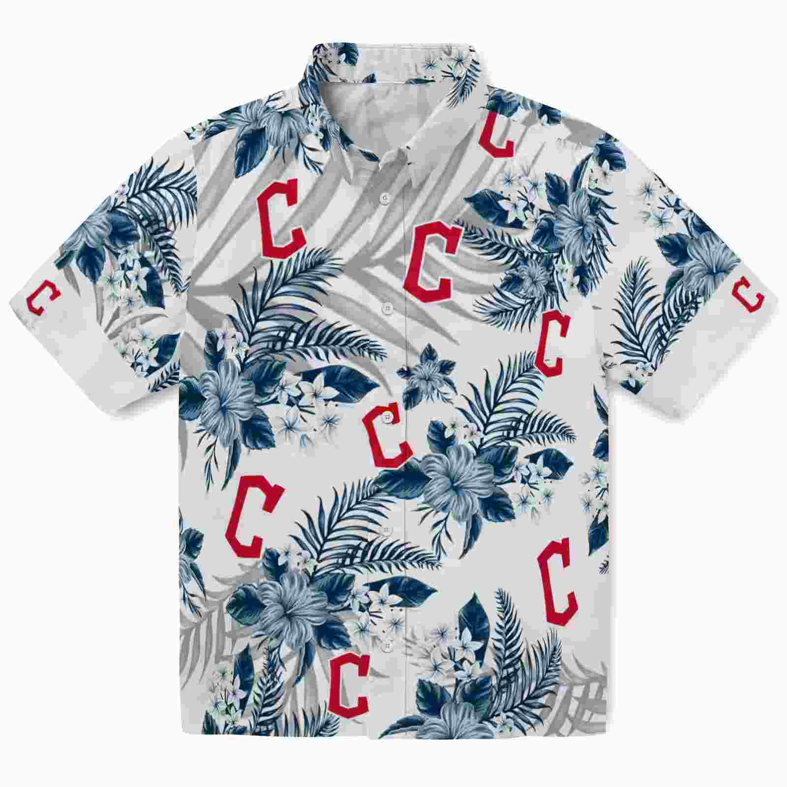 Cleveland Guardians Hibiscus Palm Leaves Navy Blue White Hawaiian Shirt