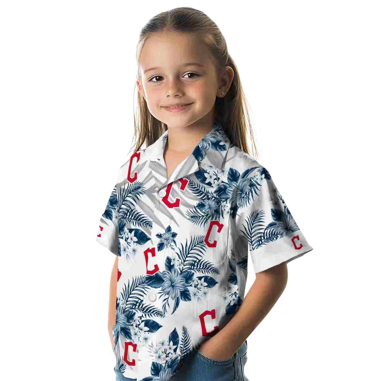 cleveland guardians hibiscus palm leaves navy blue white hawaiian shirt premium grade