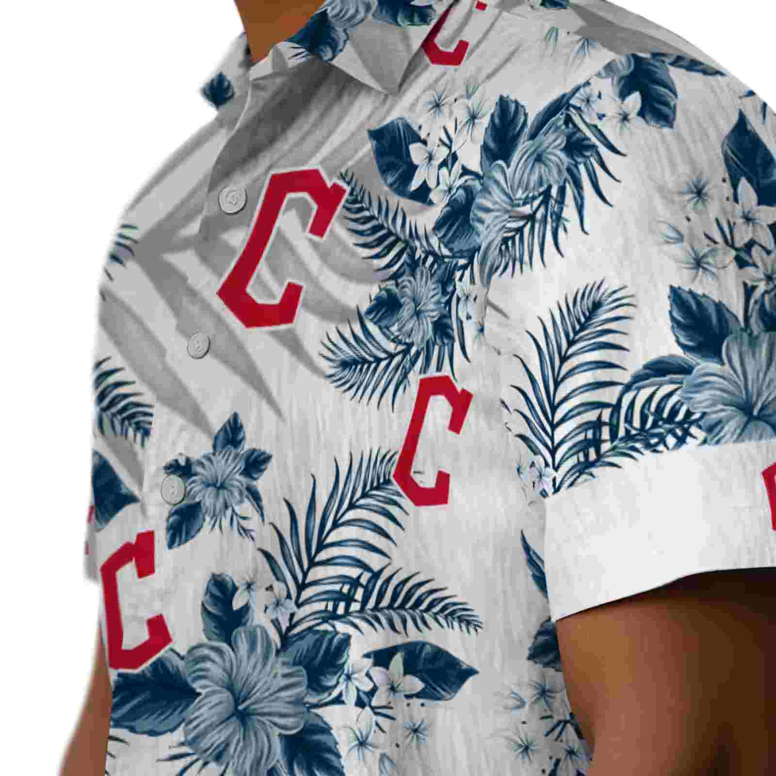 cleveland guardians hibiscus palm leaves navy blue white hawaiian shirt trendy