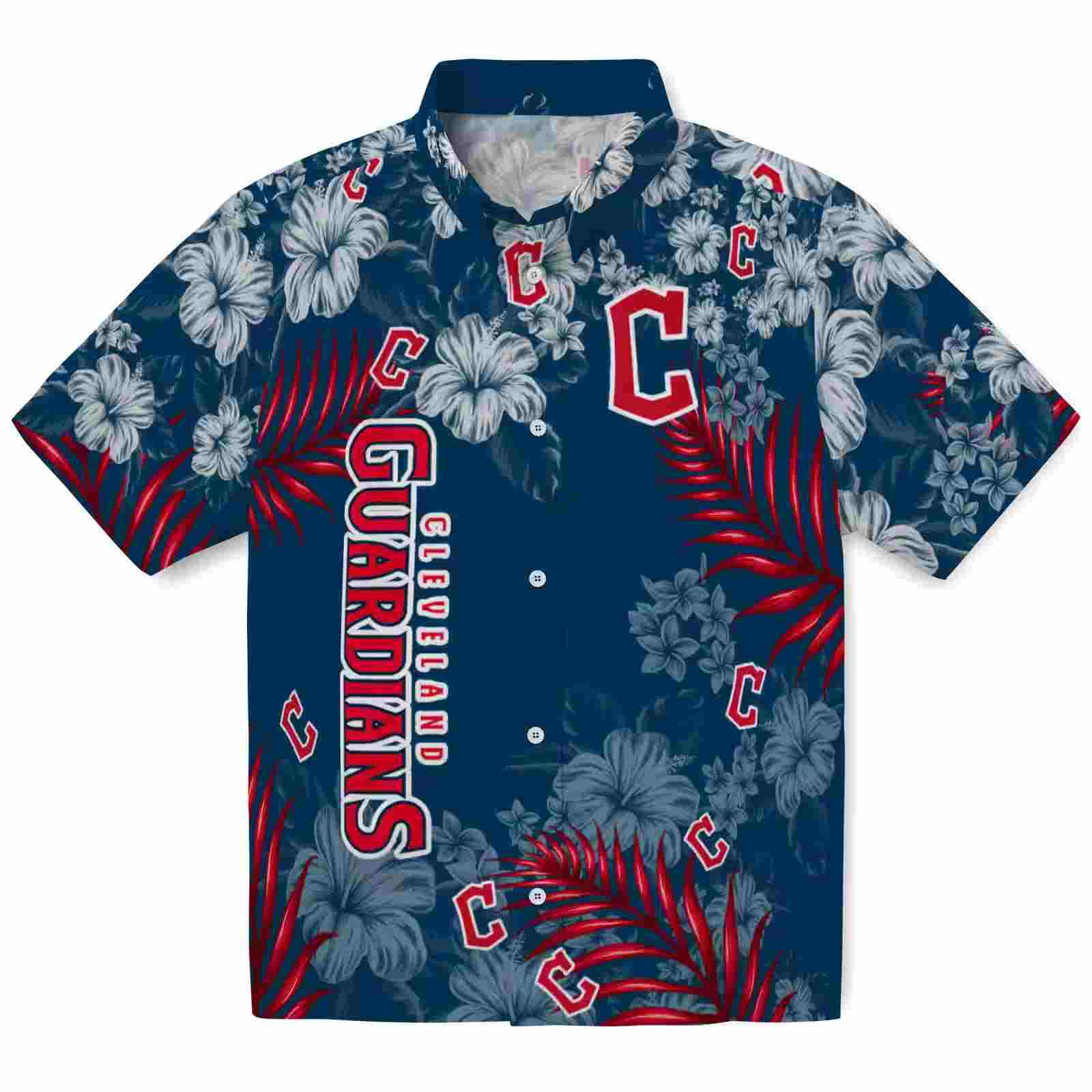 Cleveland Guardians Hibiscus Print Navy Blue Hawaiian Shirt