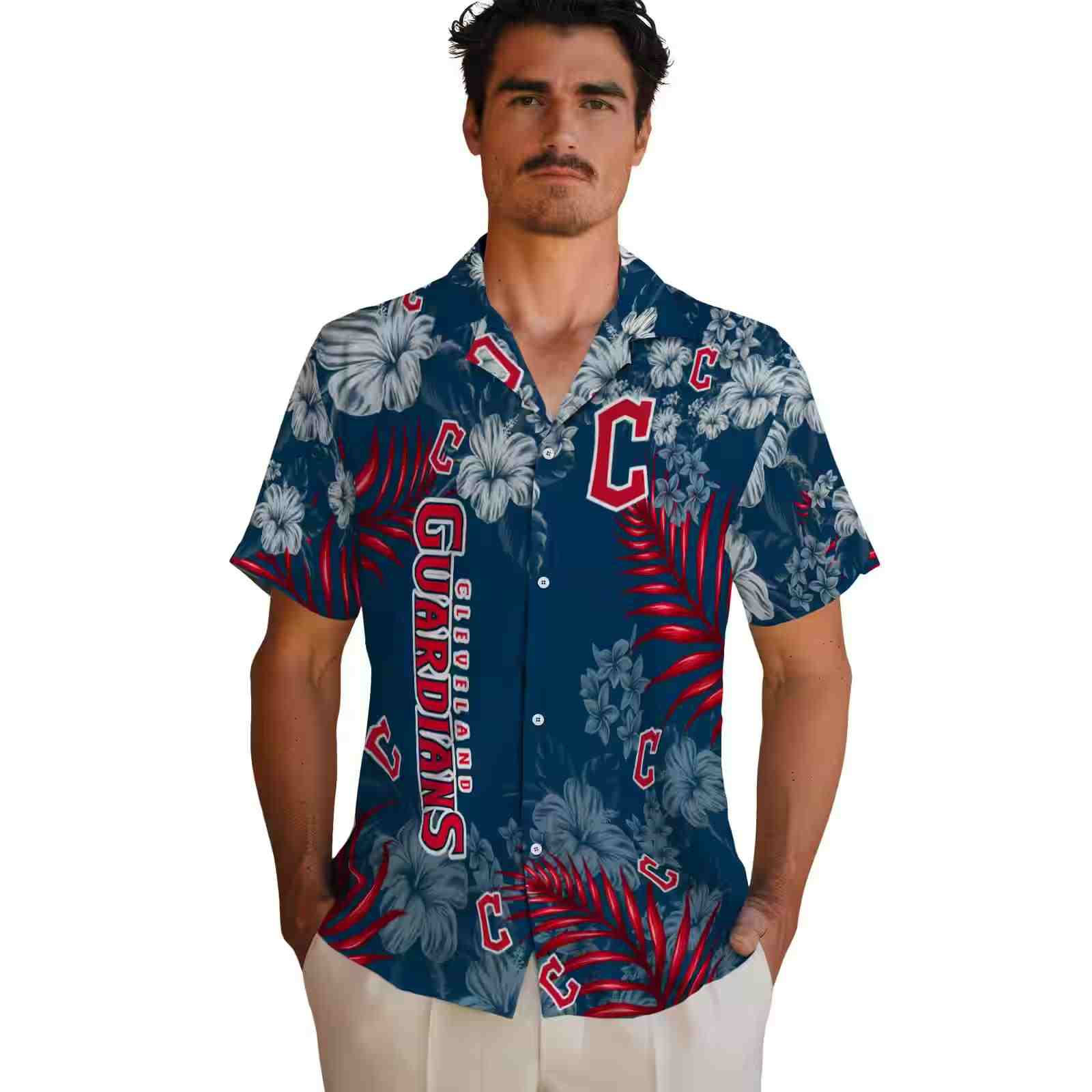 cleveland guardians hibiscus print navy blue hawaiian shirt fashion forward