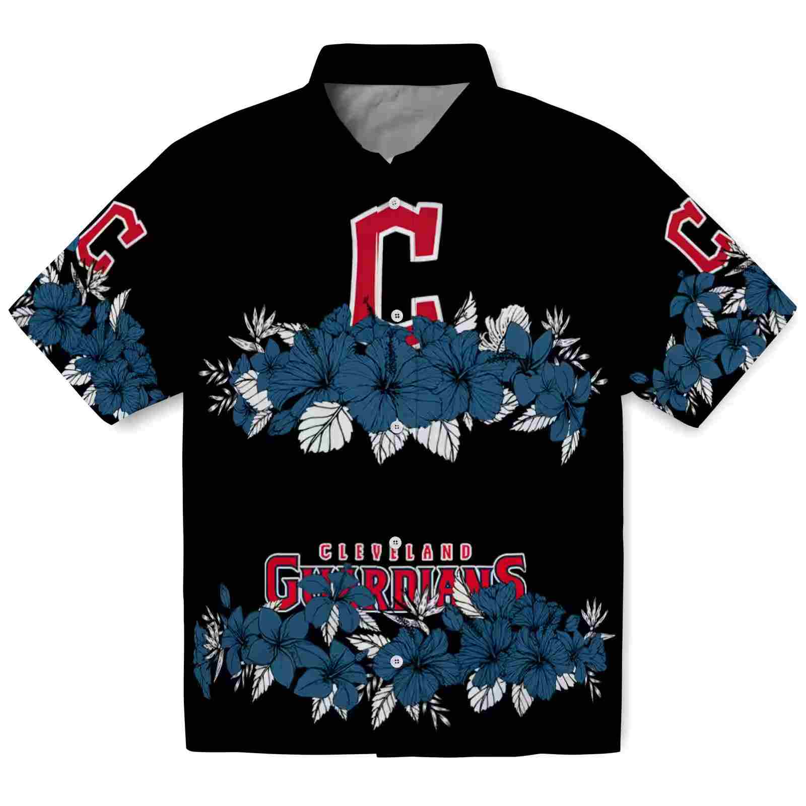 Cleveland Guardians Hibiscus Stripe Navy Blue Black Hawaiian Shirt