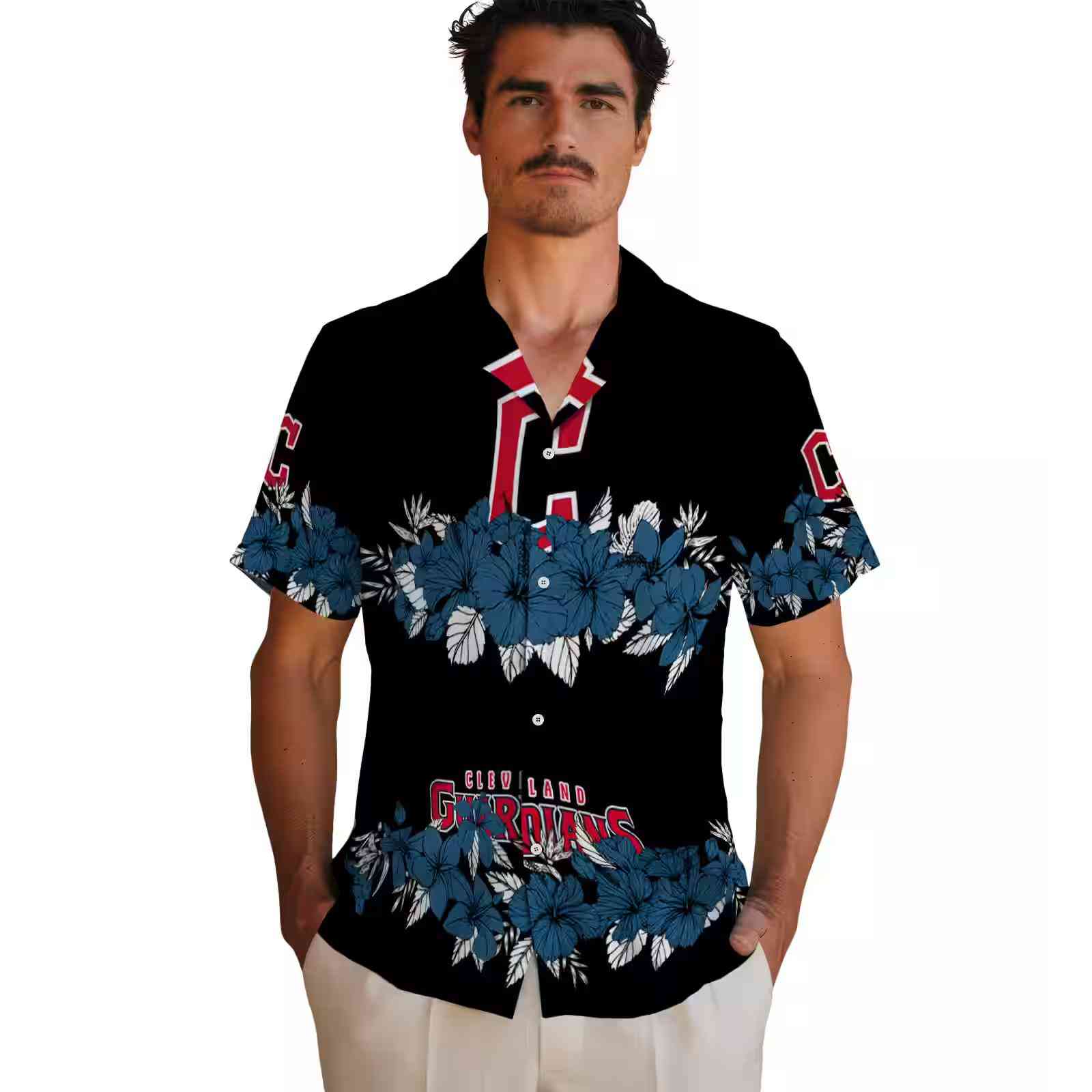 cleveland guardians hibiscus stripe navy blue black hawaiian shirt fashion forward