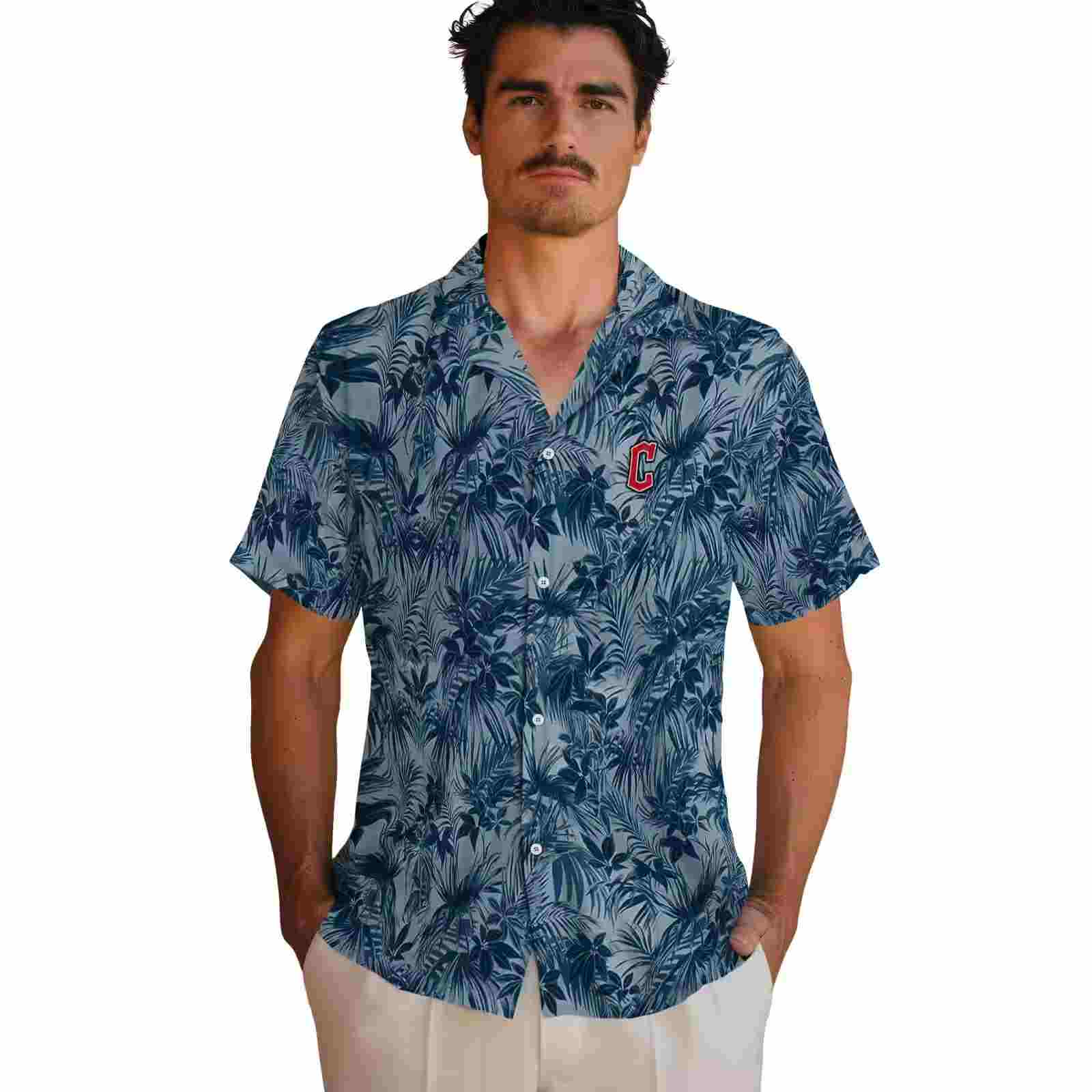 cleveland guardians leafy pattern navy blue hawaiian shirt fashion forward