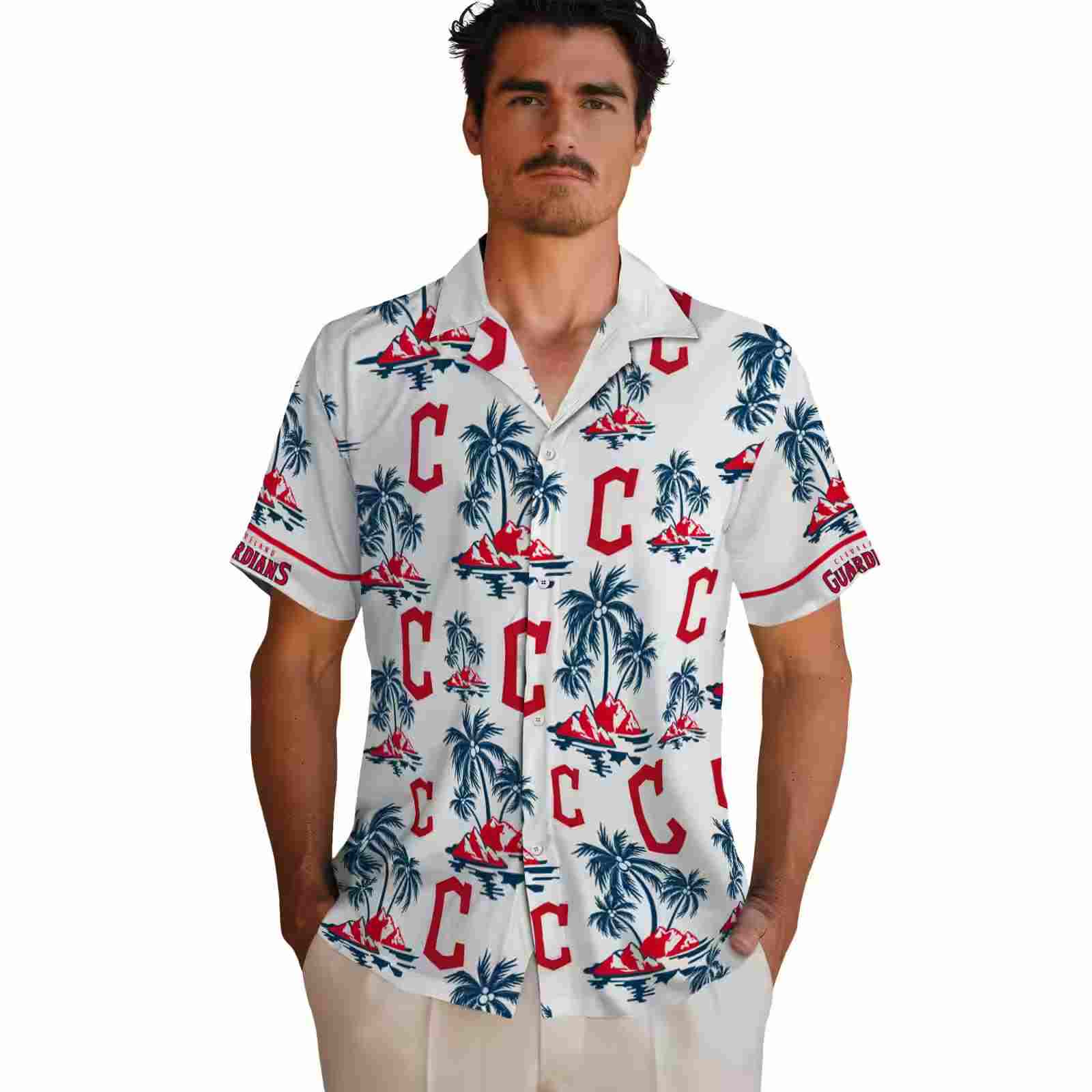 cleveland guardians palm island print navy blue white hawaiian shirt fashion forward