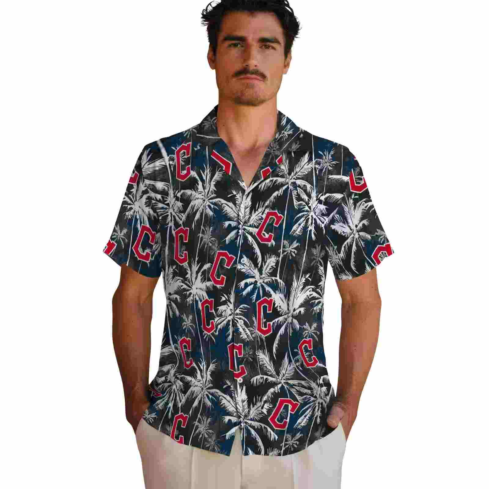 cleveland guardians palm pattern navy blue black hawaiian shirt fashion forward