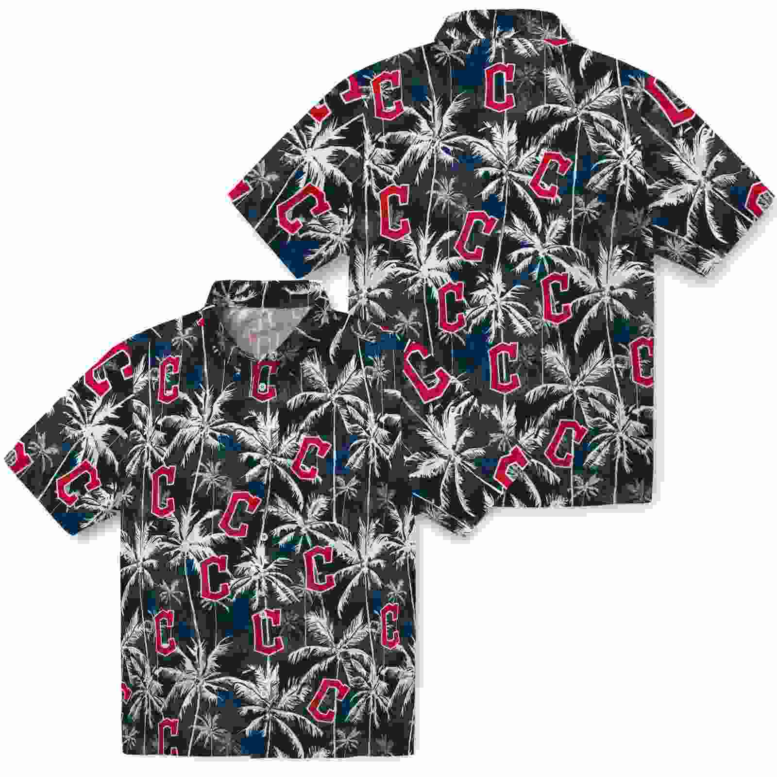 cleveland guardians palm pattern navy blue black hawaiian shirt high quality