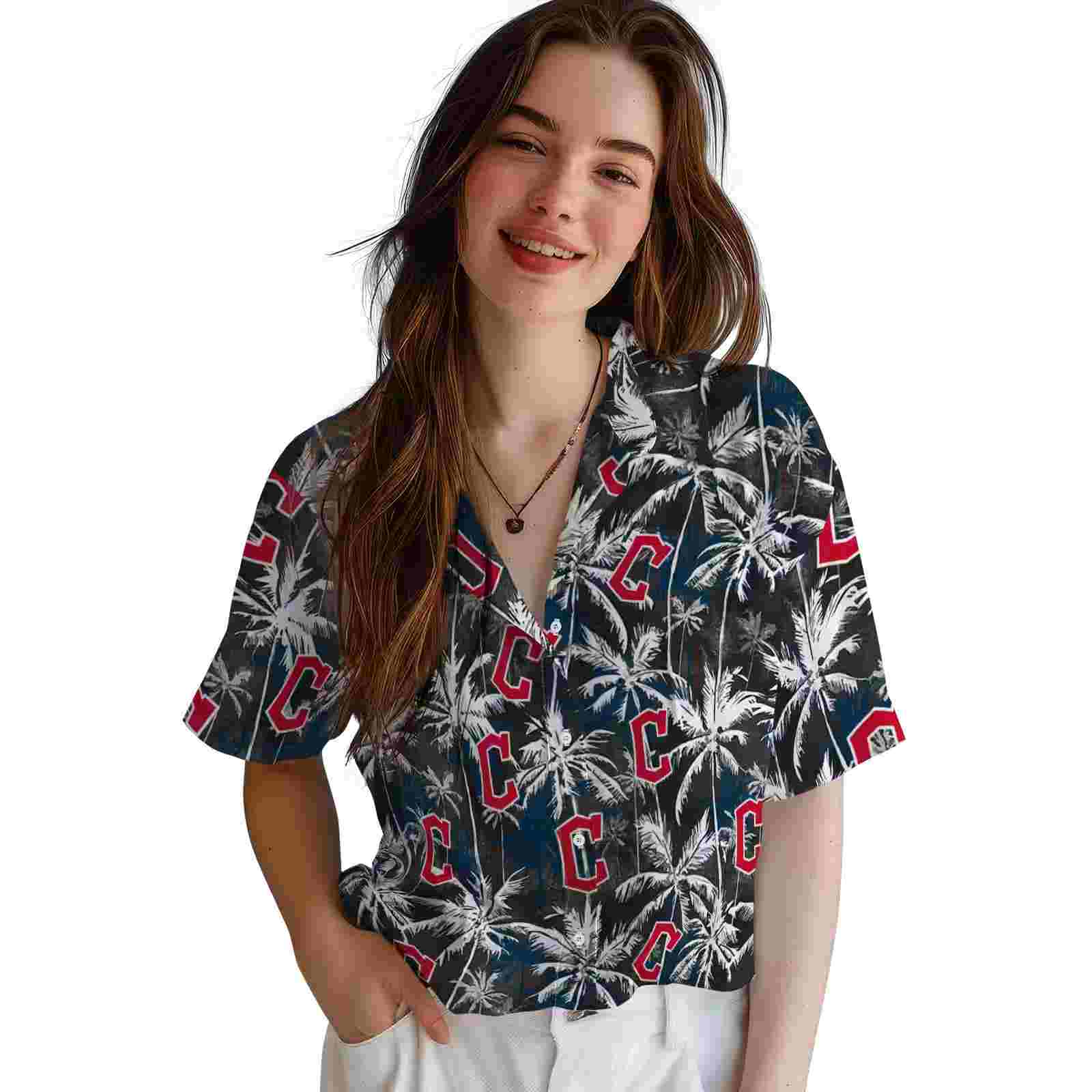 cleveland guardians palm pattern navy blue black hawaiian shirt latest model