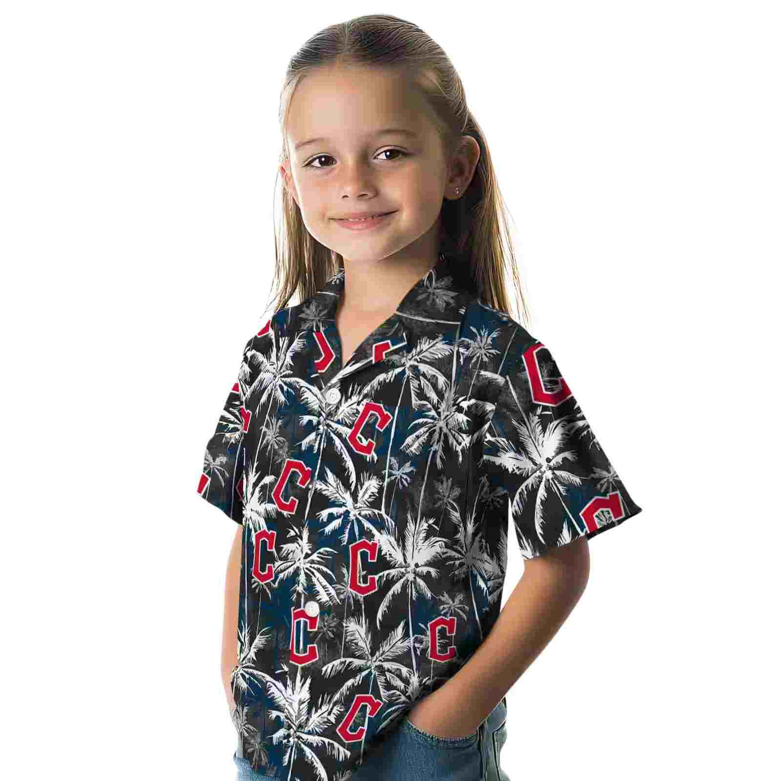 cleveland guardians palm pattern navy blue black hawaiian shirt premium grade