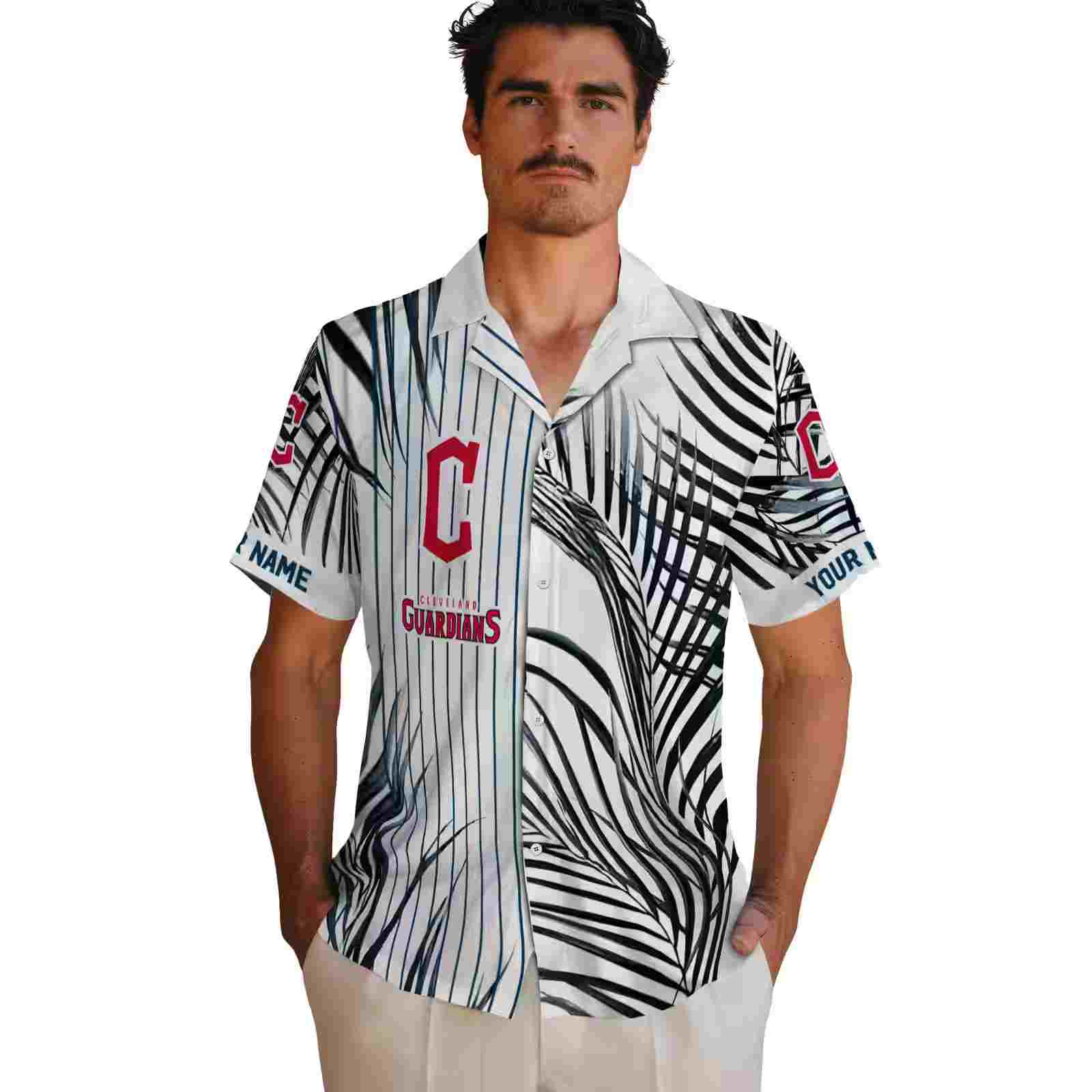 cleveland guardians palm stripes navy blue black white hawaiian shirt fashion forward