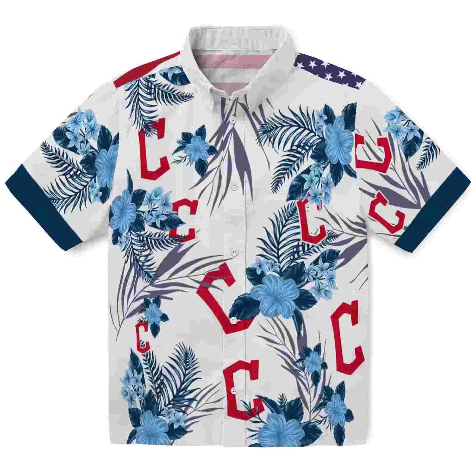 Cleveland Guardians Patriotic Hibiscus Design Navy Blue White Hawaiian Shirt