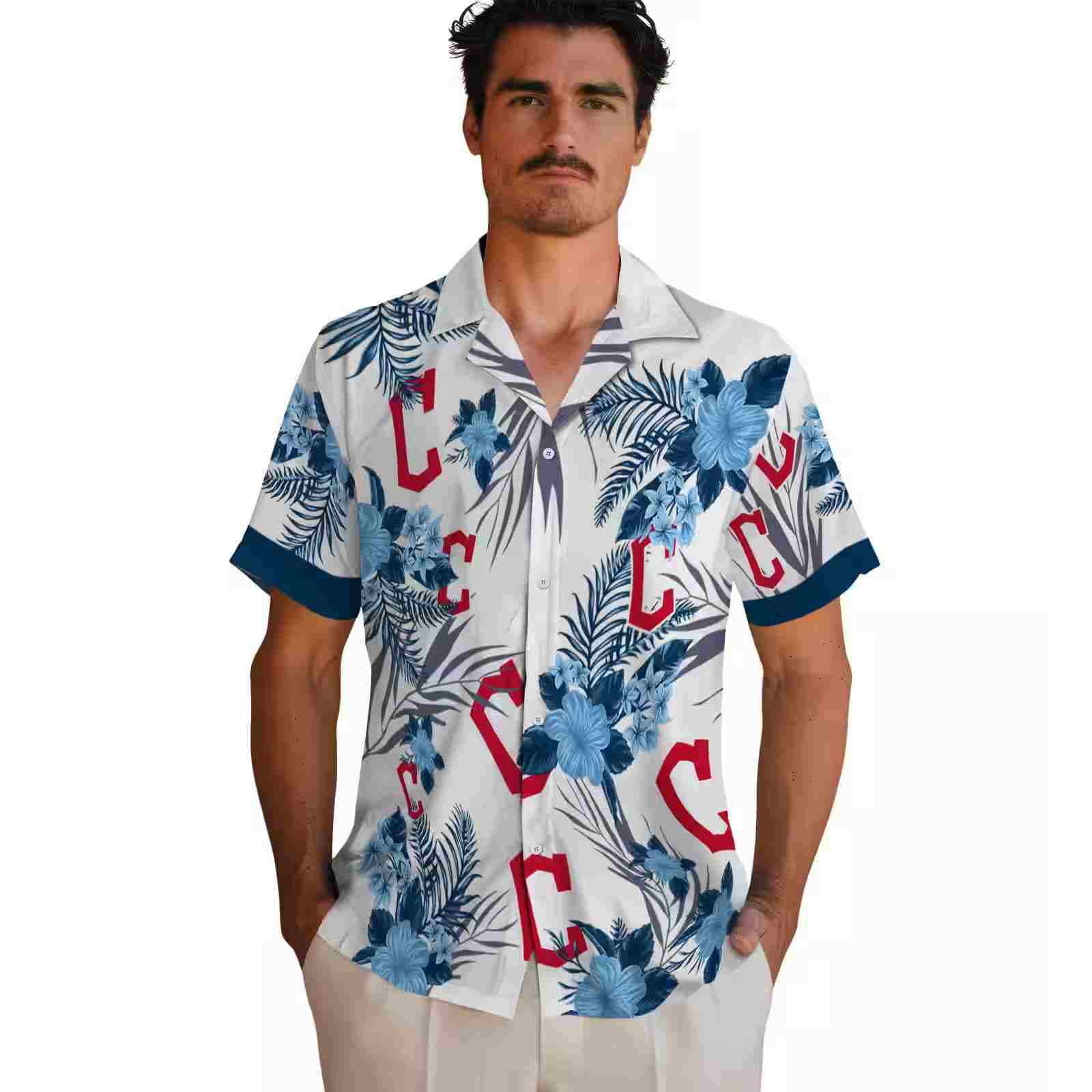 cleveland guardians patriotic hibiscus design navy blue white hawaiian shirt fashion forward