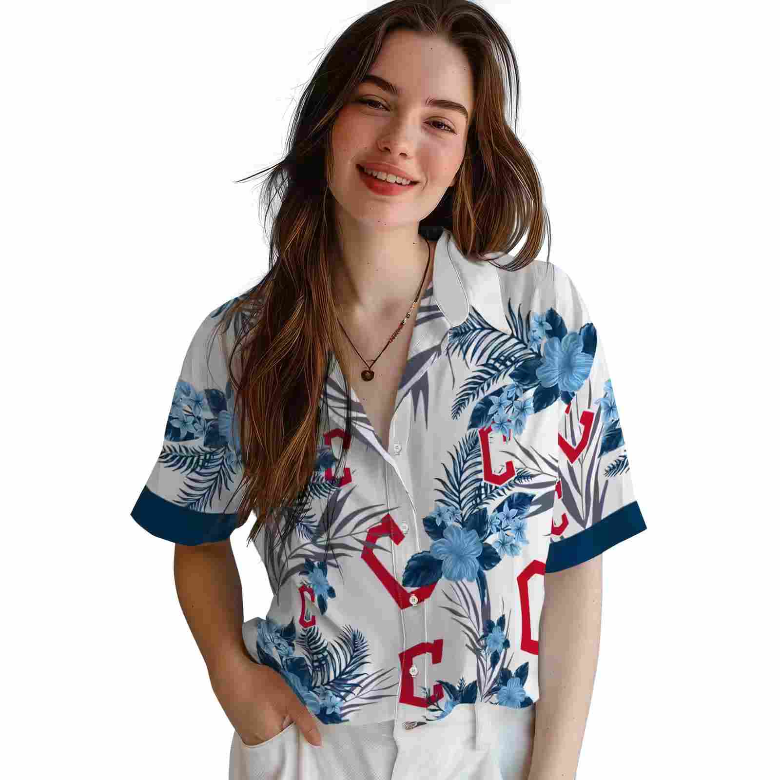 cleveland guardians patriotic hibiscus design navy blue white hawaiian shirt latest model