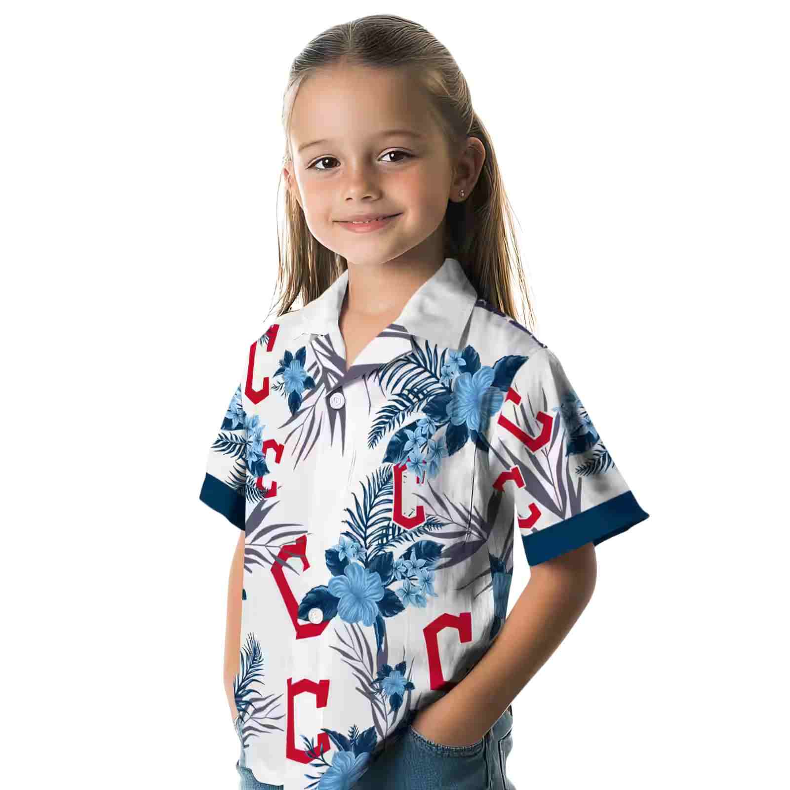 cleveland guardians patriotic hibiscus design navy blue white hawaiian shirt premium grade