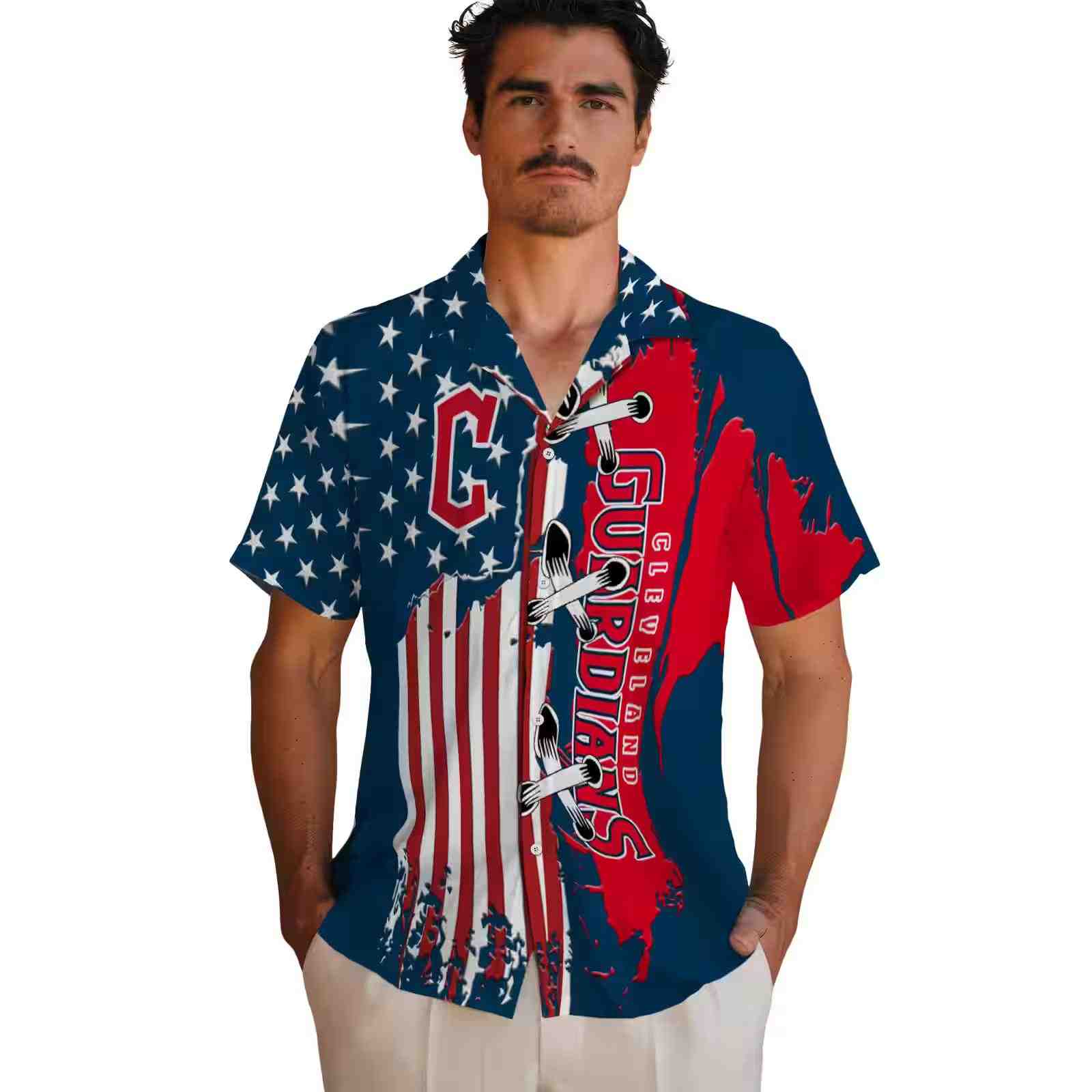 cleveland guardians stitched flag navy blue hawaiian shirt fashion forward