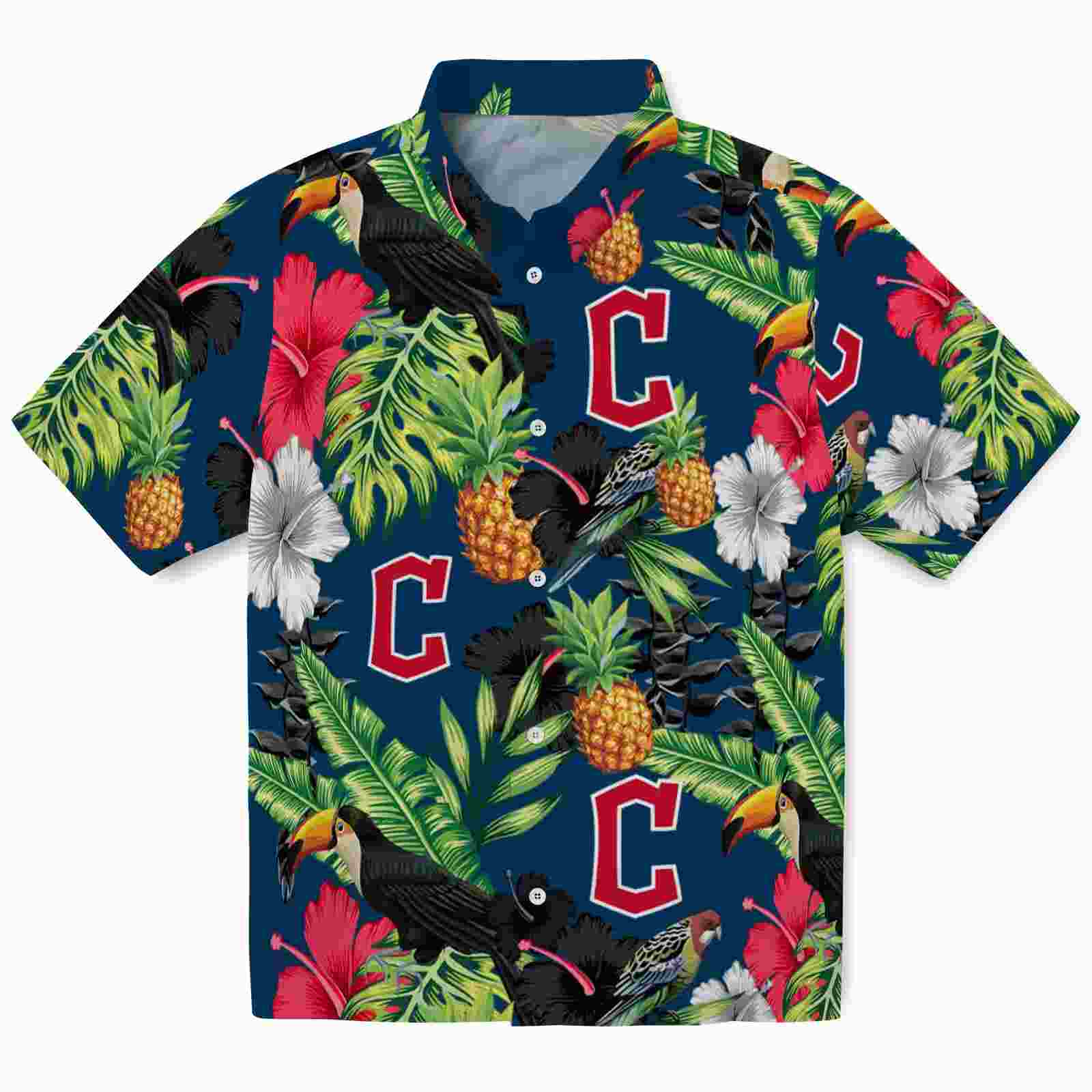 Cleveland Guardians Toucan Hibiscus Pineapple Navy Blue Green Hawaiian Shirt