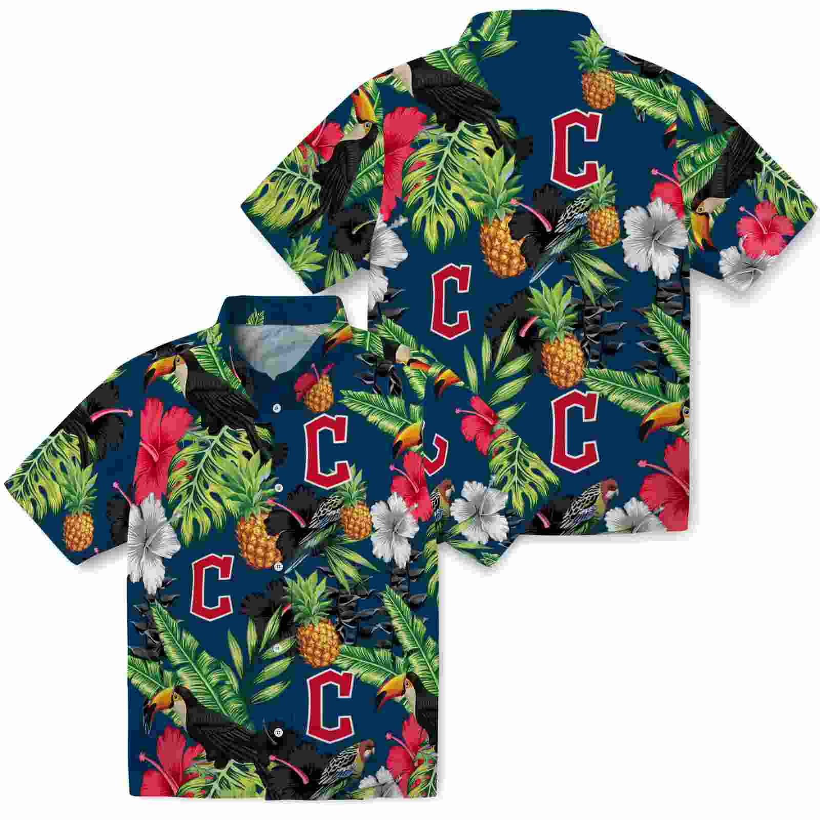 cleveland guardians toucan hibiscus pineapple navy blue green hawaiian shirt high quality