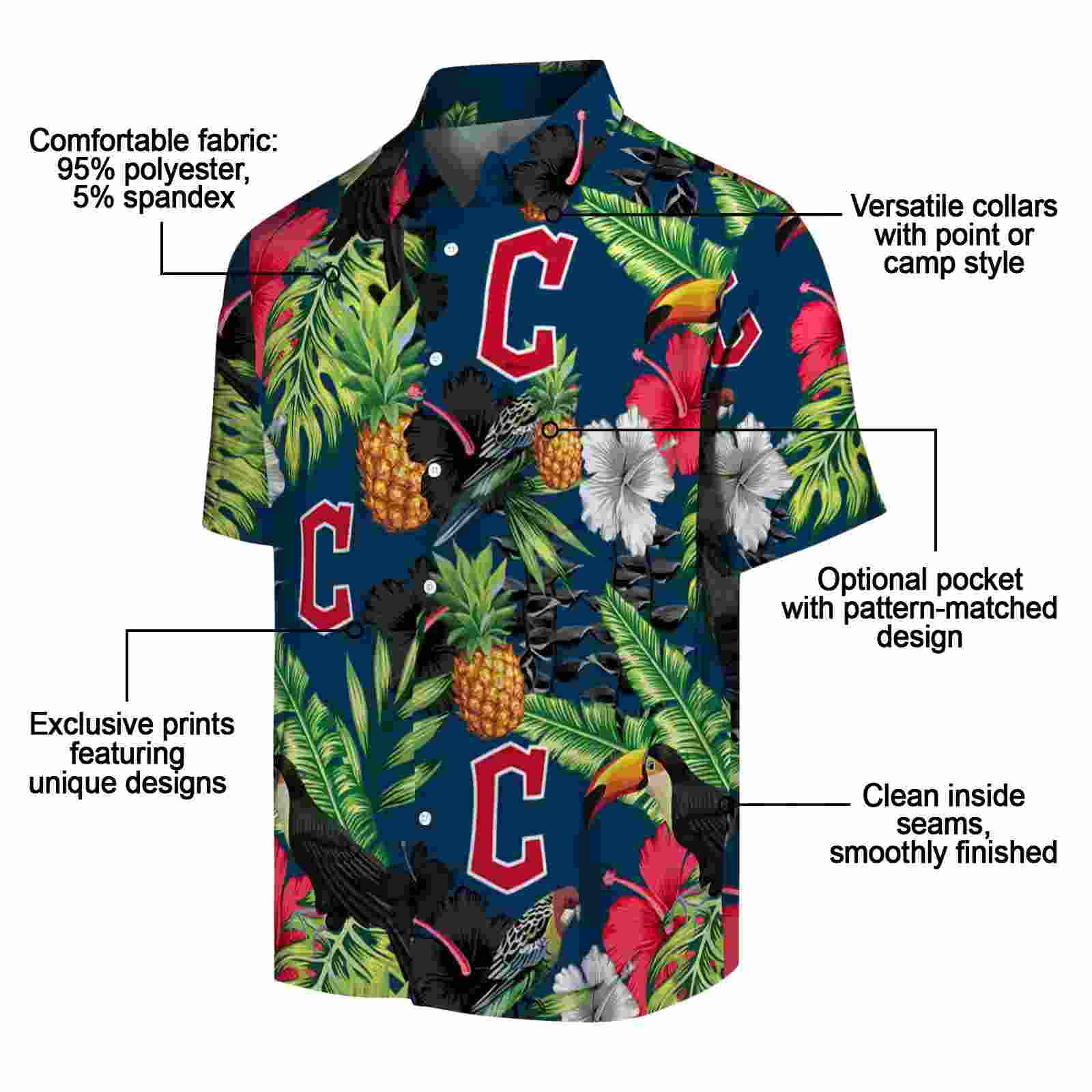 cleveland guardians toucan hibiscus pineapple navy blue green hawaiian shirt new arrival