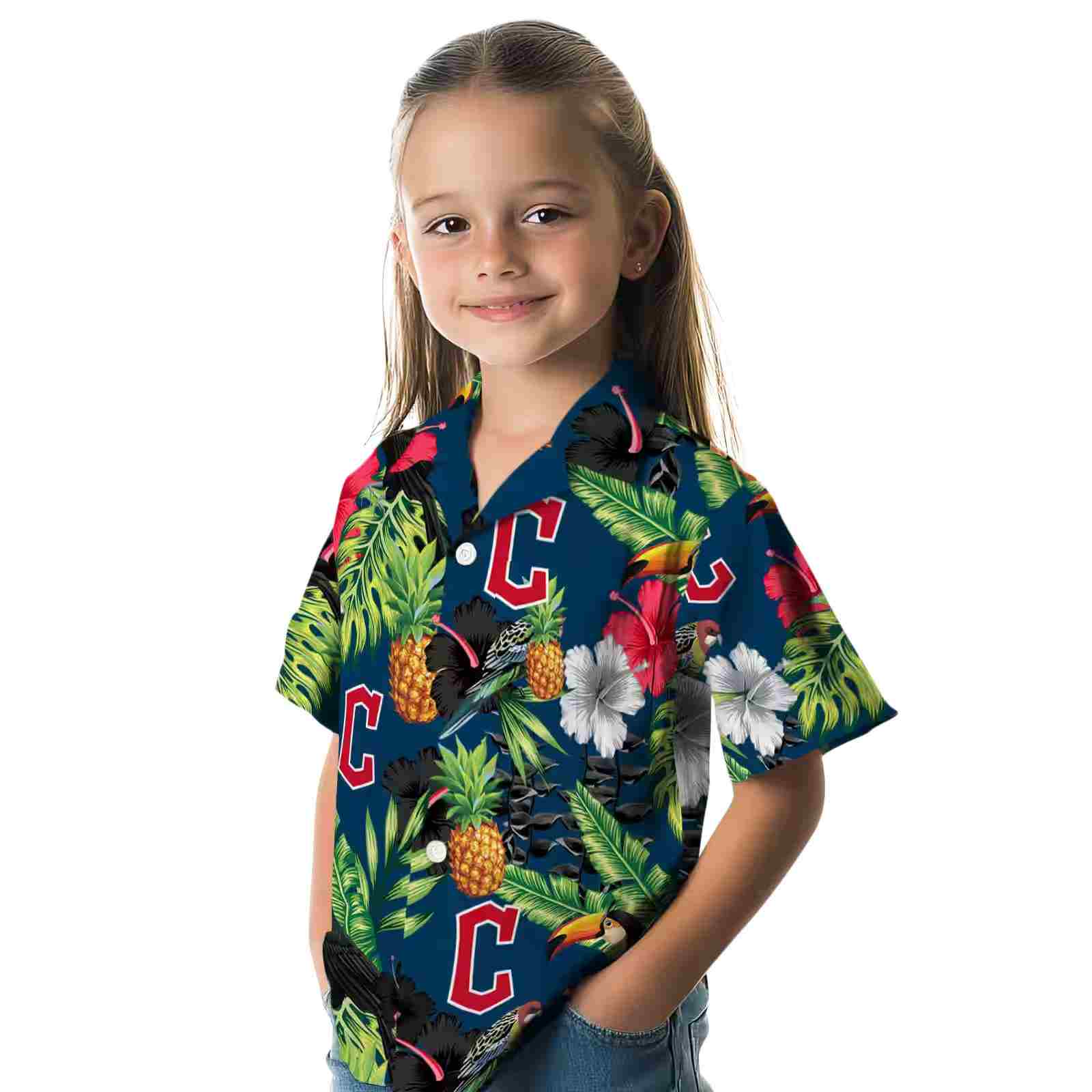 cleveland guardians toucan hibiscus pineapple navy blue green hawaiian shirt premium grade