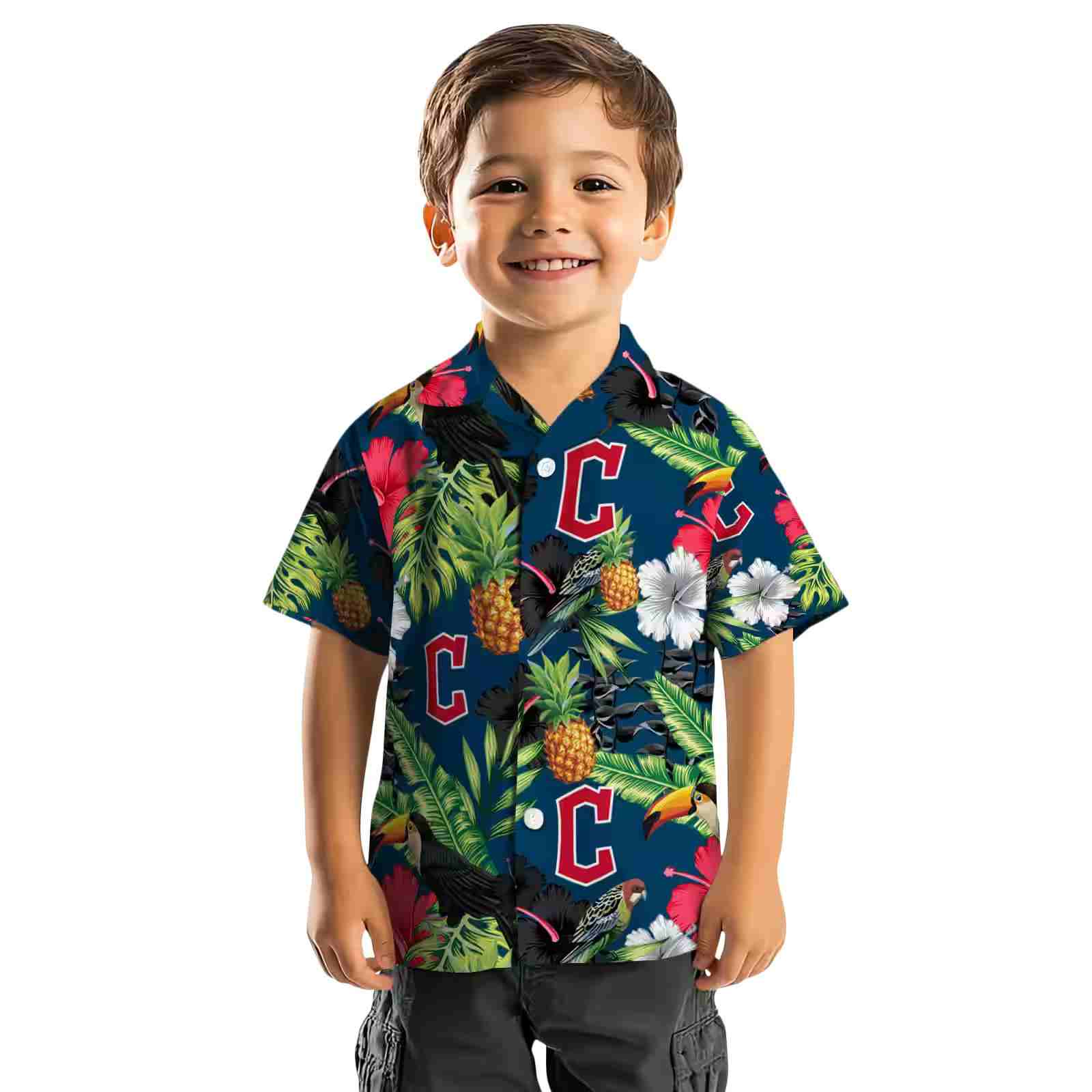 cleveland guardians toucan hibiscus pineapple navy blue green hawaiian shirt top rated