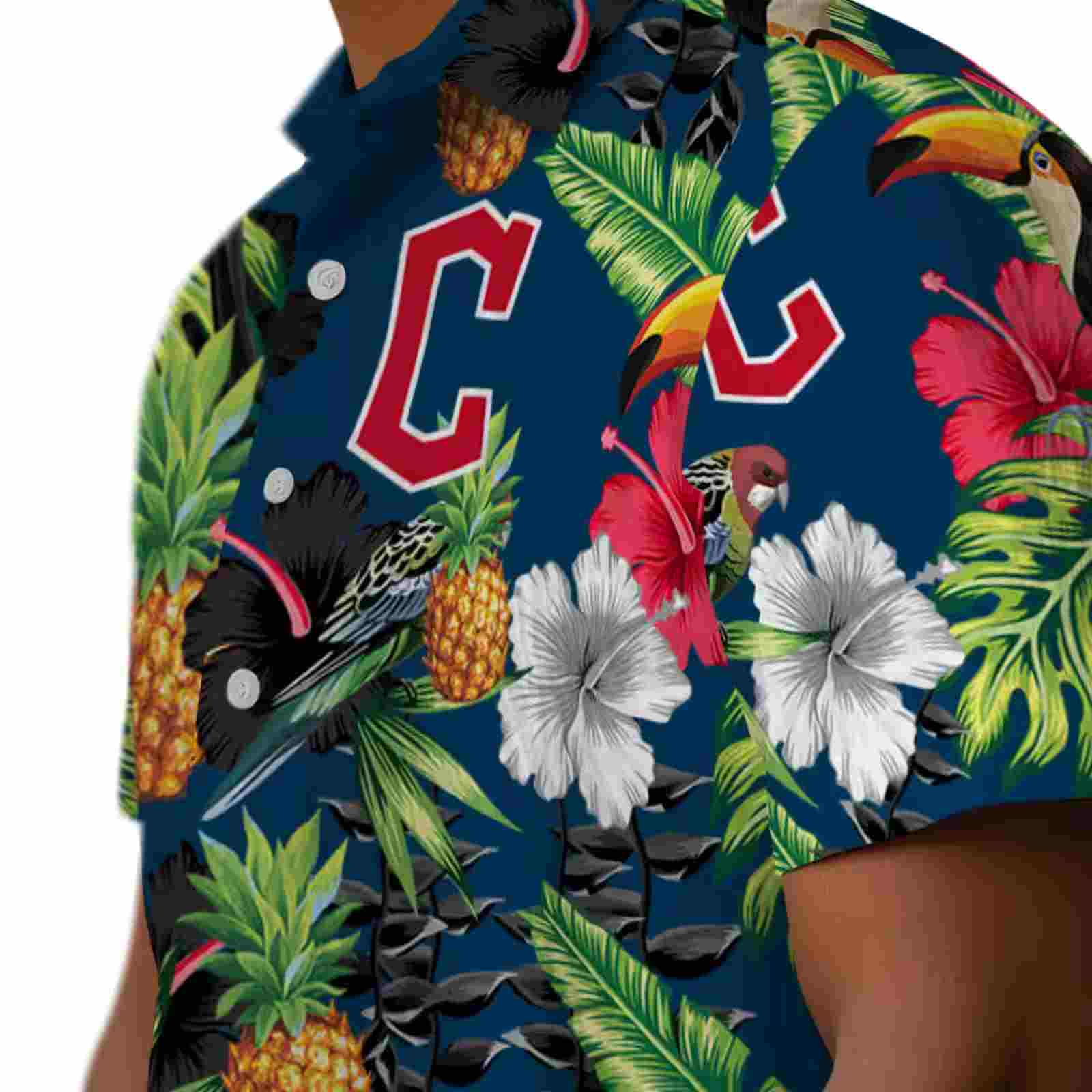 cleveland guardians toucan hibiscus pineapple navy blue green hawaiian shirt trendy