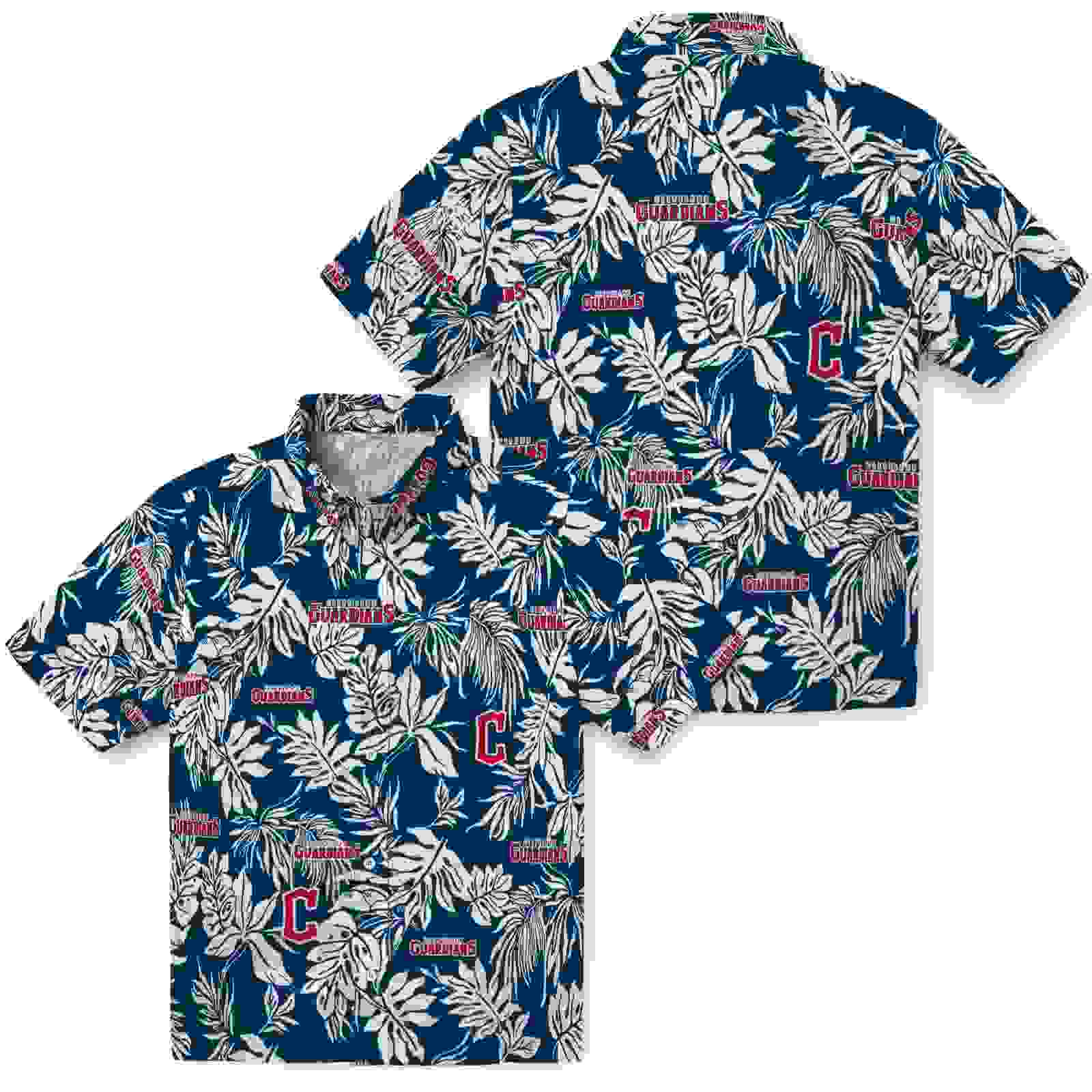 cleveland guardians tropical leaf navy blue white hawaiian shirt high quality