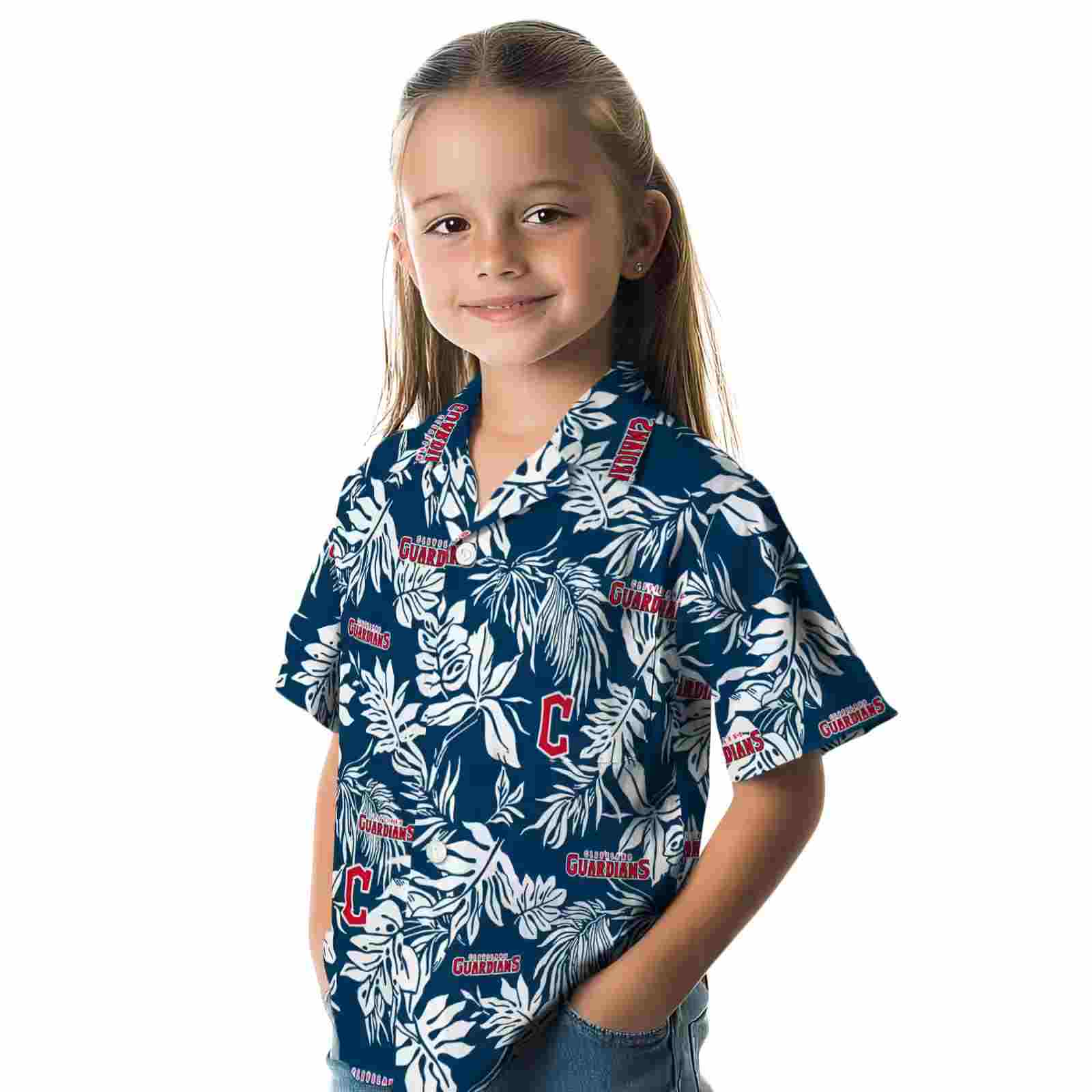 cleveland guardians tropical leaf navy blue white hawaiian shirt premium grade