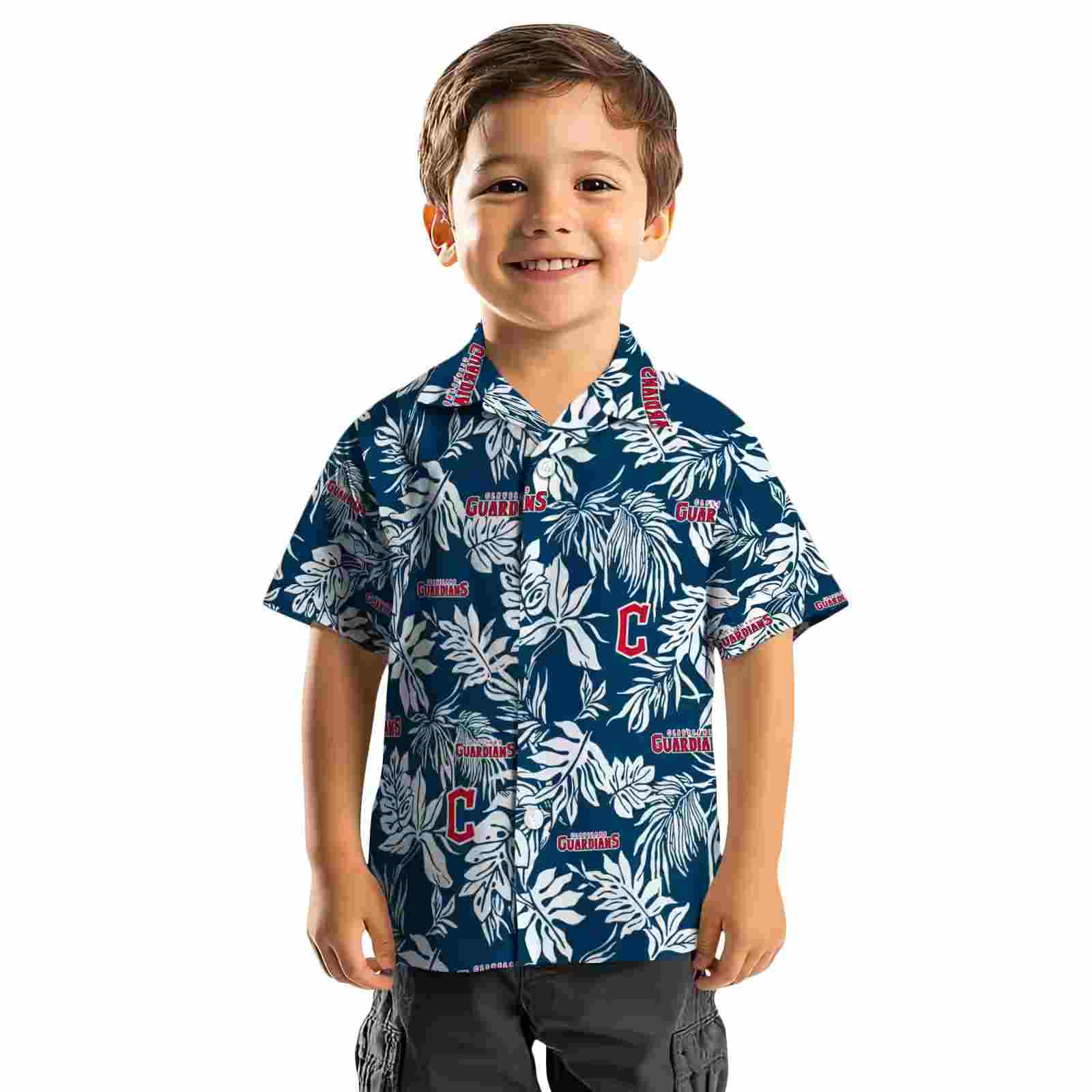 cleveland guardians tropical leaf navy blue white hawaiian shirt top rated