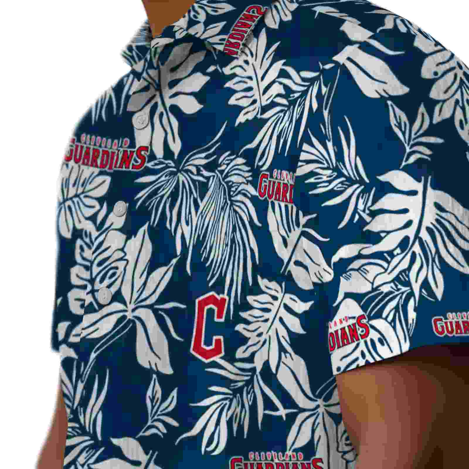 cleveland guardians tropical leaf navy blue white hawaiian shirt trendy