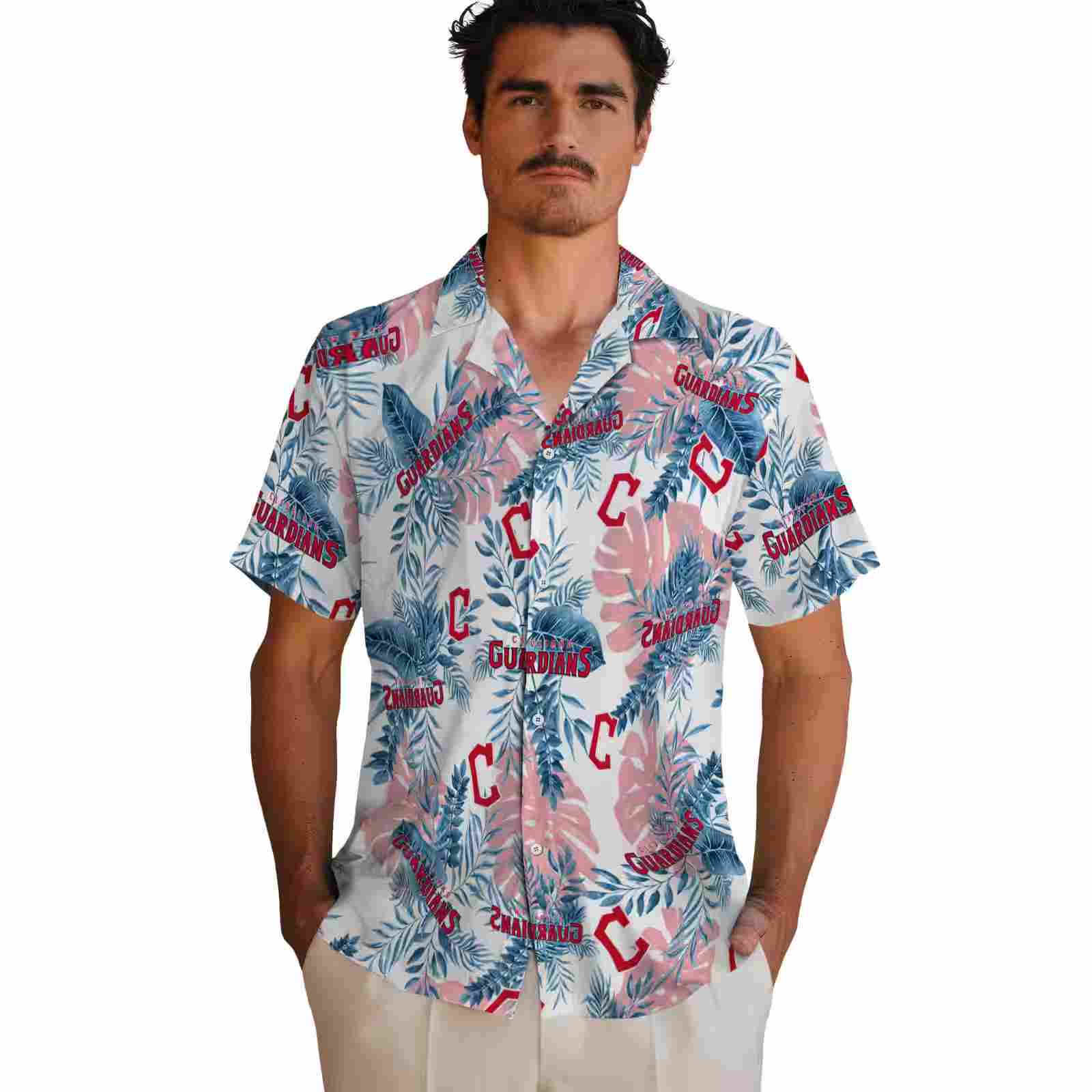 cleveland guardians tropical leaves navy blue white hawaiian shirt fashion forward