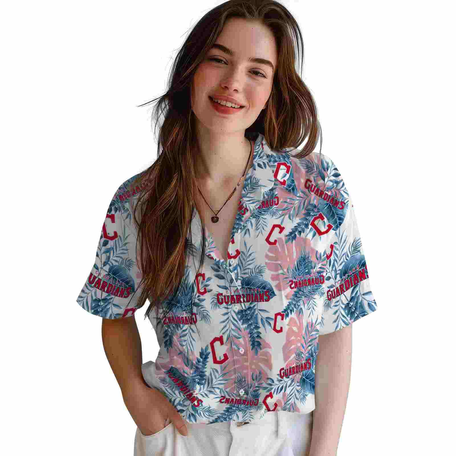 cleveland guardians tropical leaves navy blue white hawaiian shirt latest model