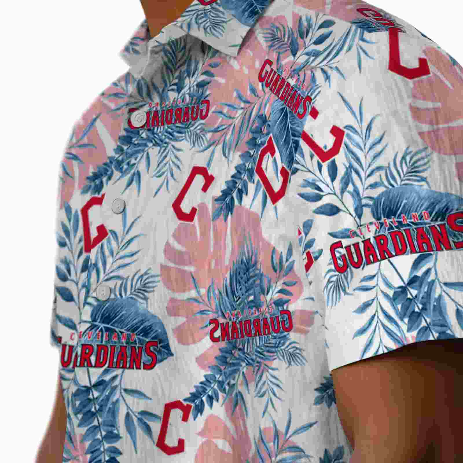 cleveland guardians tropical leaves navy blue white hawaiian shirt trendy