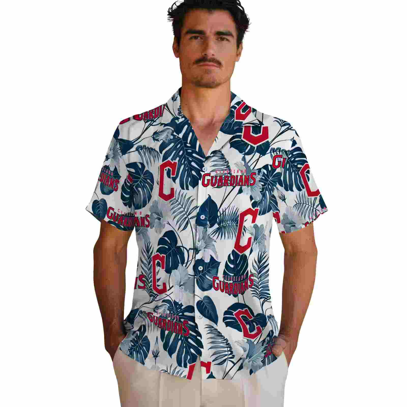 cleveland guardians tropical plants navy blue white hawaiian shirt fashion forward