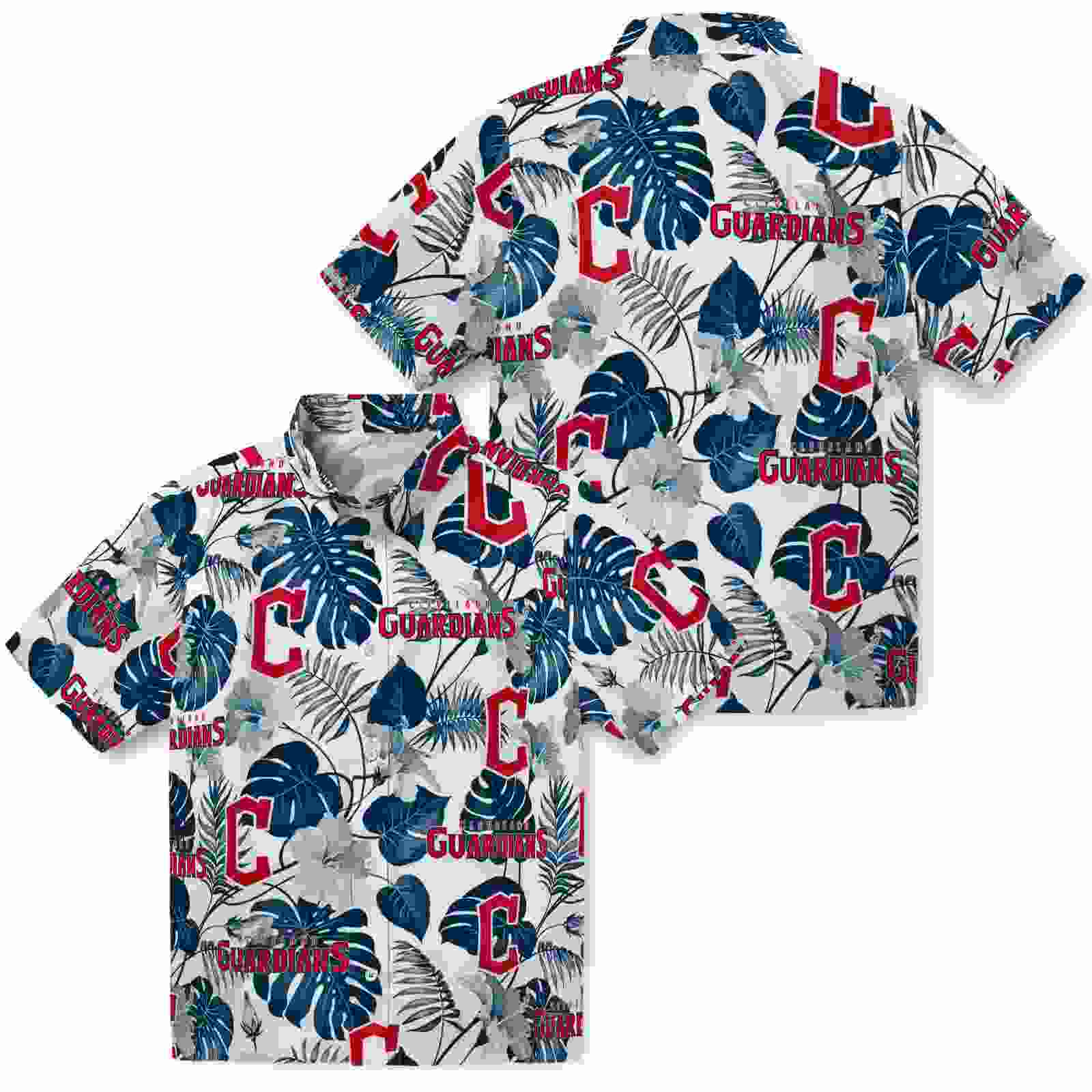 cleveland guardians tropical plants navy blue white hawaiian shirt high quality