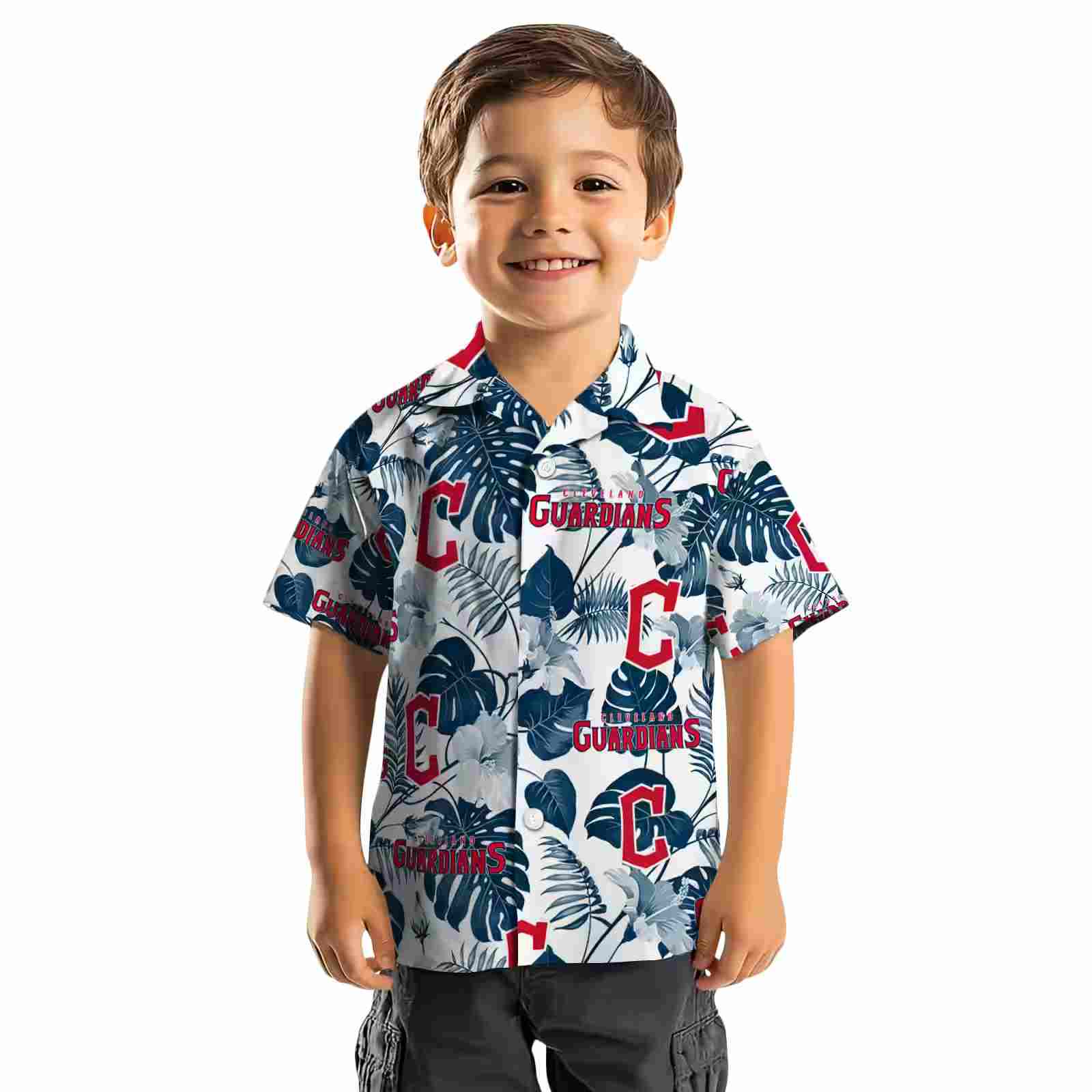 cleveland guardians tropical plants navy blue white hawaiian shirt top rated