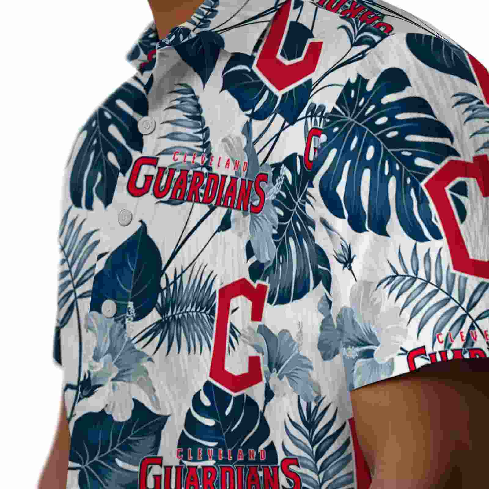 cleveland guardians tropical plants navy blue white hawaiian shirt trendy