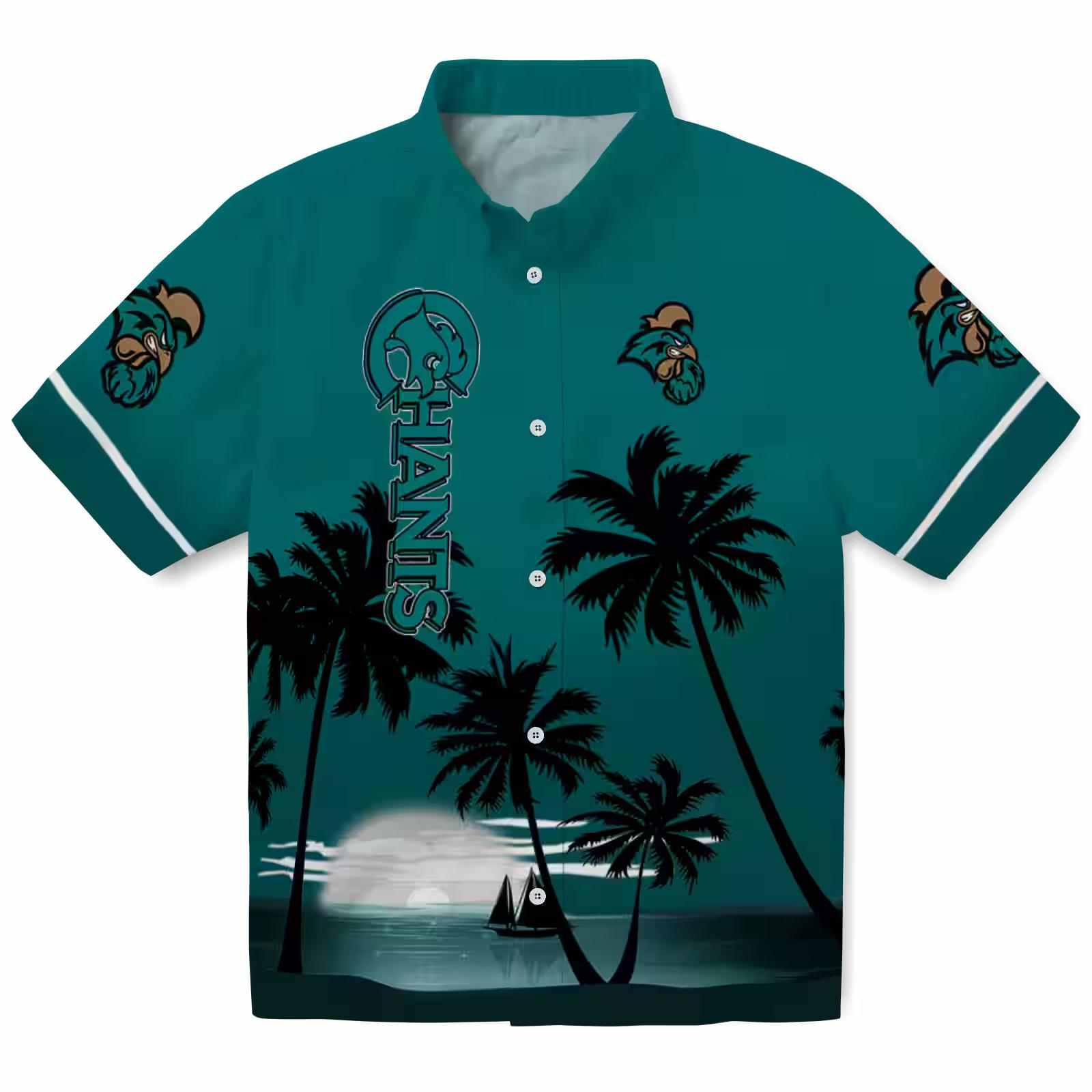 Coastal Carolina Chanticleers Beach Sunset Green Black Hawaiian Shirt