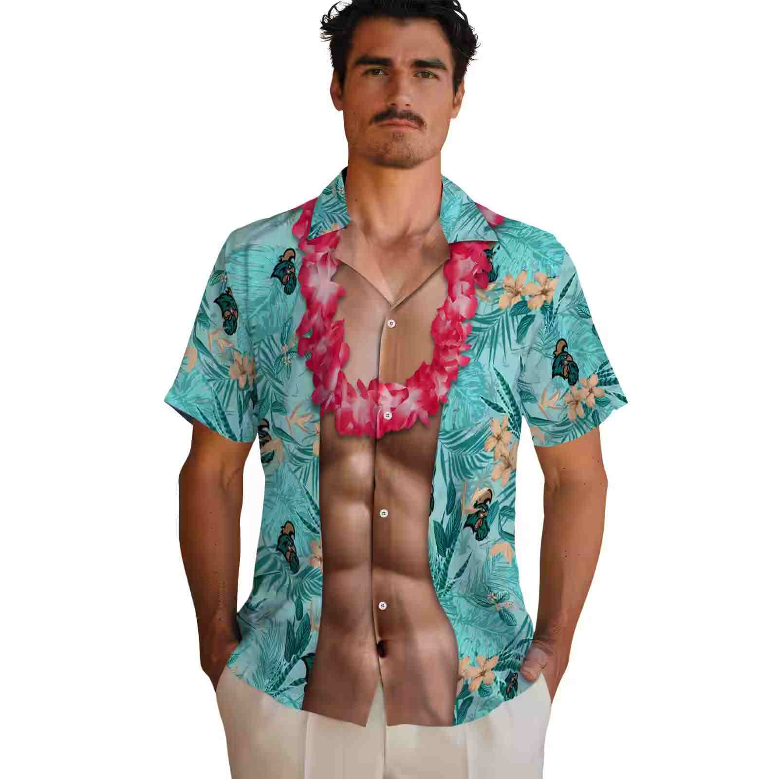 coastal carolina chanticleers chest illusion green hawaiian shirt fashion forward