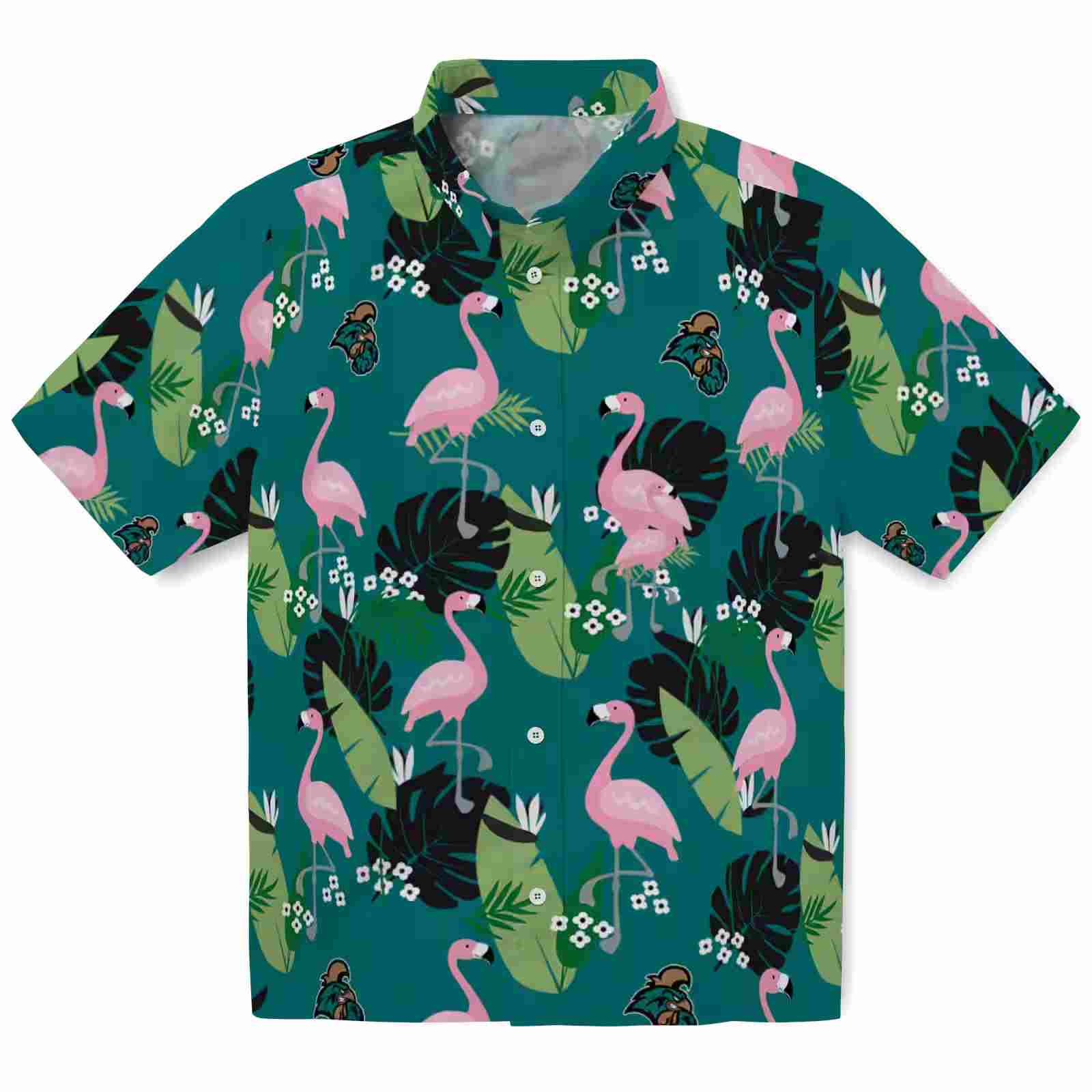 Coastal Carolina Chanticleers Flamingo Leaf Motif Green Hawaiian Shirt