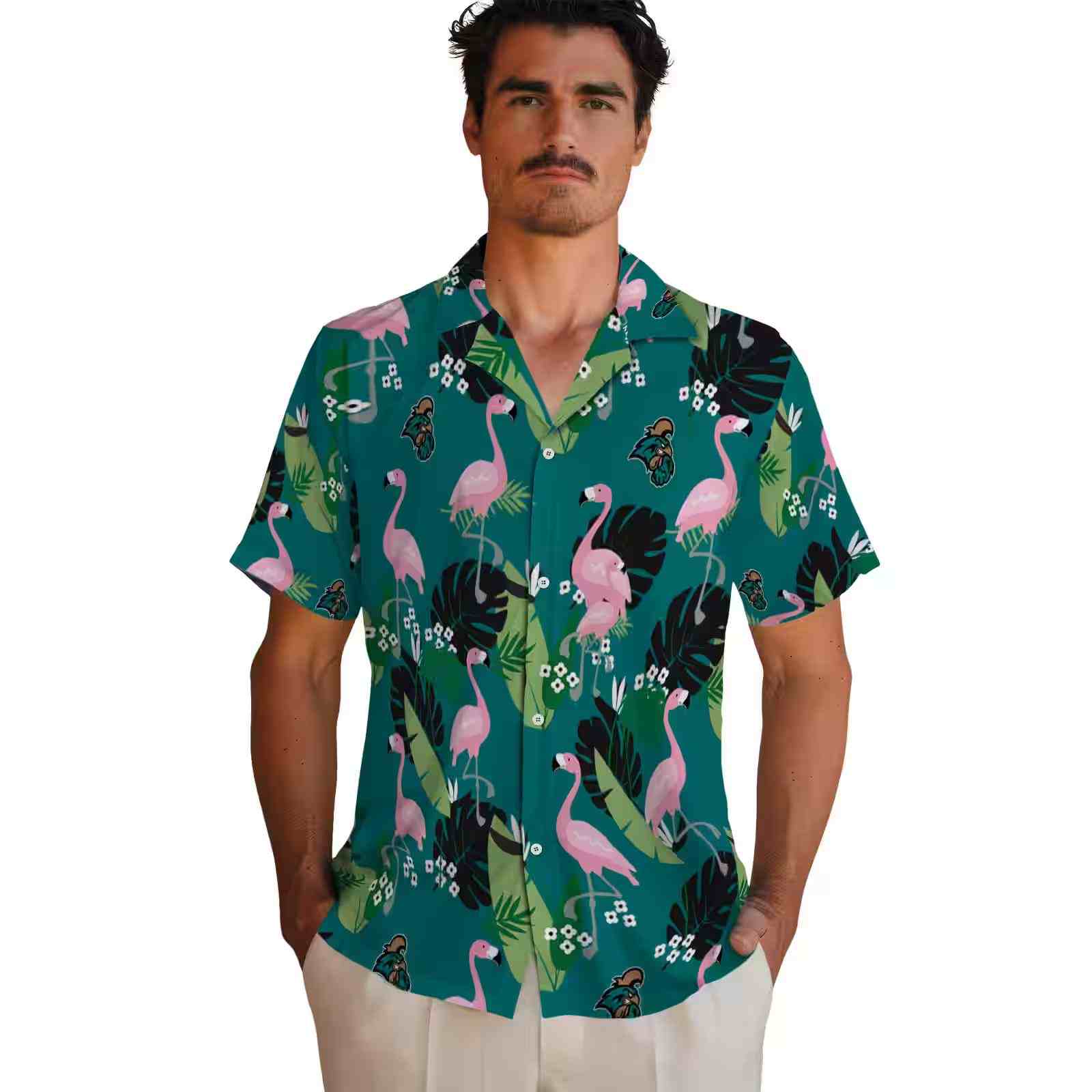 coastal carolina chanticleers flamingo leaf motif green hawaiian shirt fashion forward