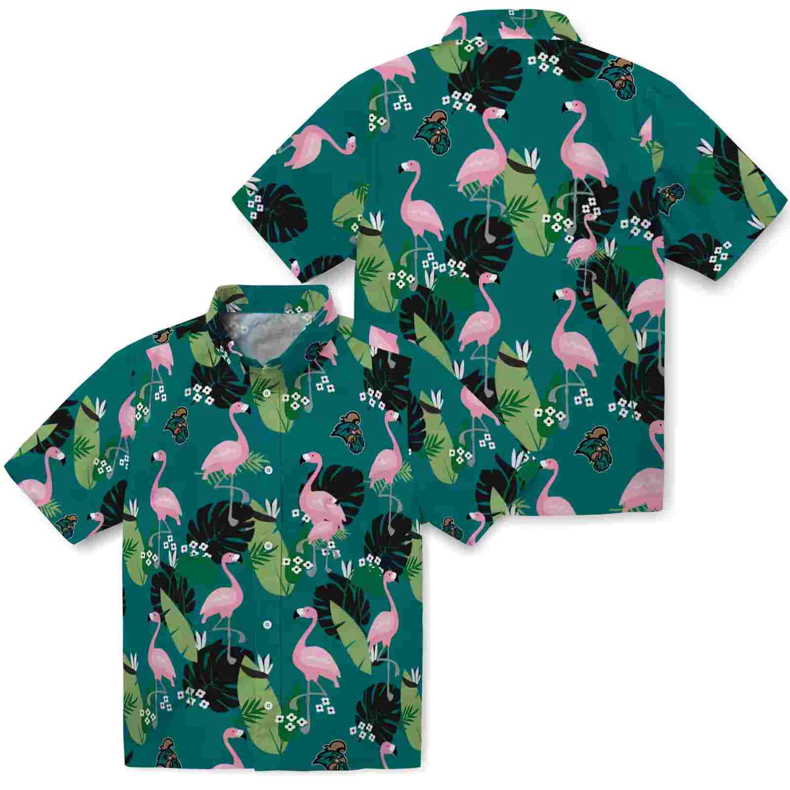 coastal carolina chanticleers flamingo leaf motif green hawaiian shirt high quality