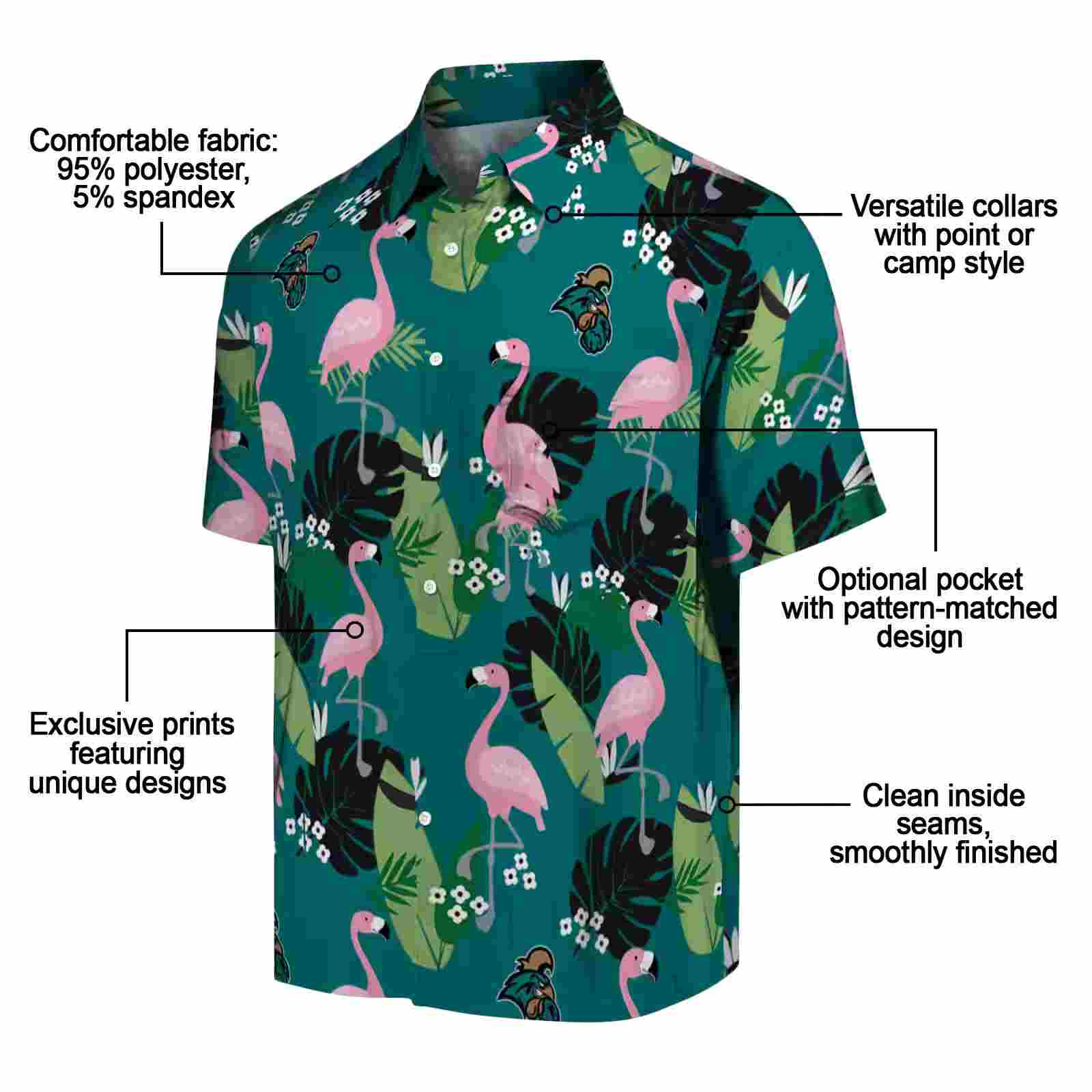 coastal carolina chanticleers flamingo leaf motif green hawaiian shirt new arrival