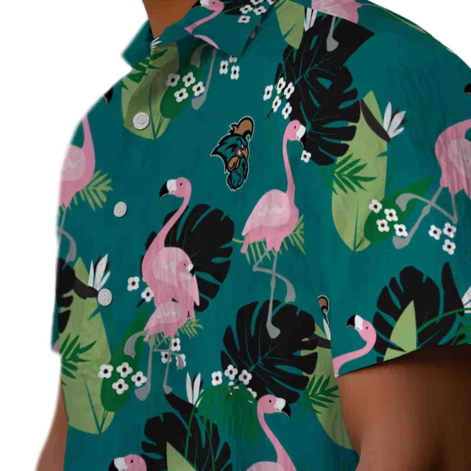 coastal carolina chanticleers flamingo leaf motif green hawaiian shirt trendy