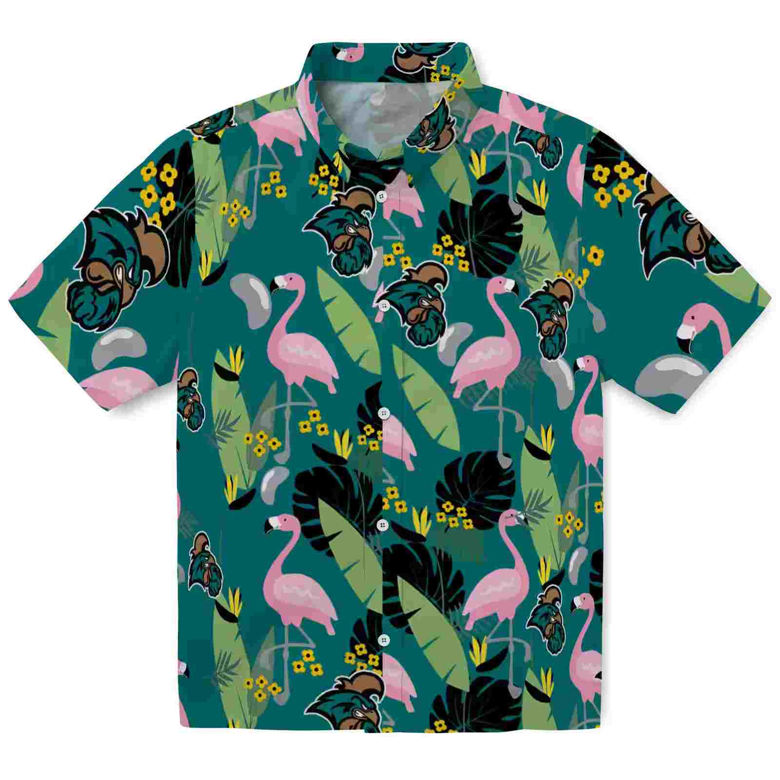 Coastal Carolina Chanticleers Flamingo Leaves Green Hawaiian Shirt