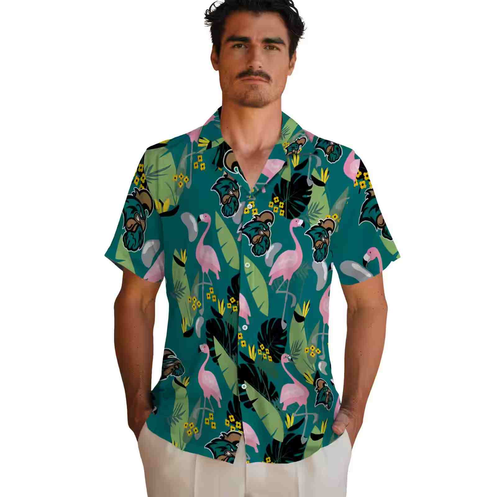 coastal carolina chanticleers flamingo leaves green hawaiian shirt fashion forward