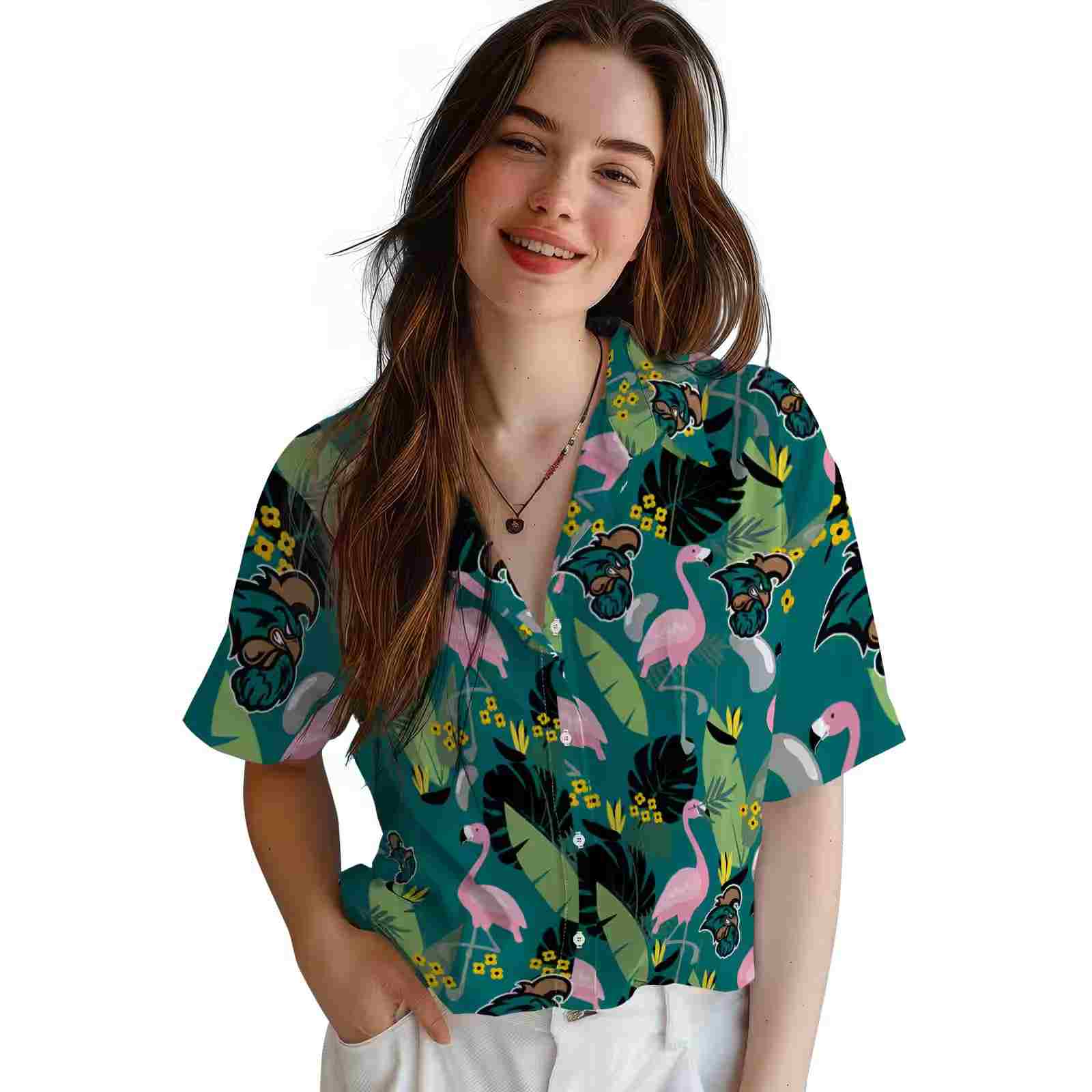 coastal carolina chanticleers flamingo leaves green hawaiian shirt latest model