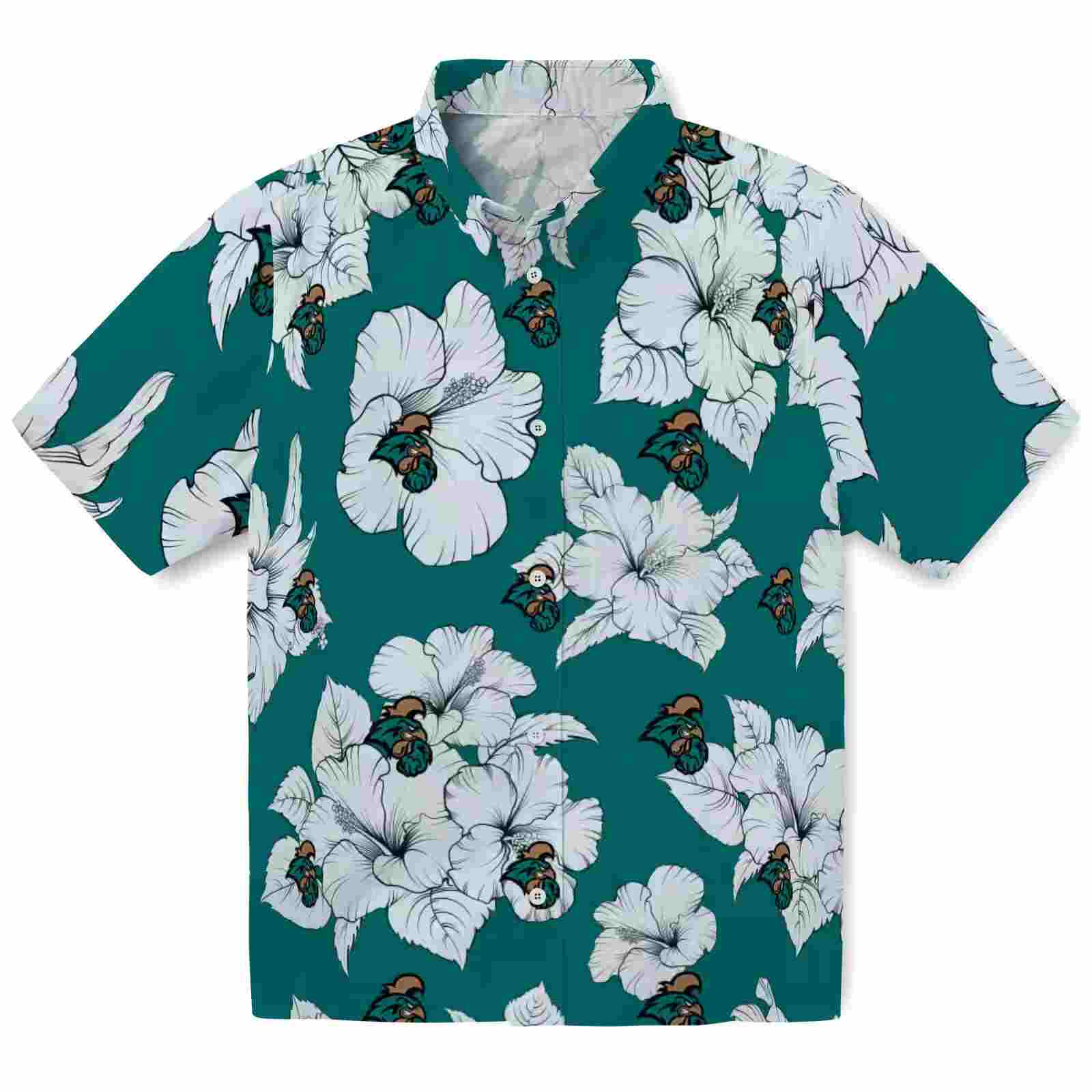 Coastal Carolina Chanticleers Hibiscus Blooms Green White Hawaiian Shirt