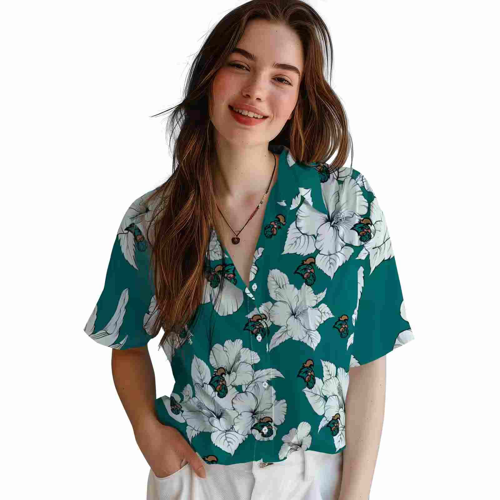 coastal carolina chanticleers hibiscus blooms green white hawaiian shirt latest model