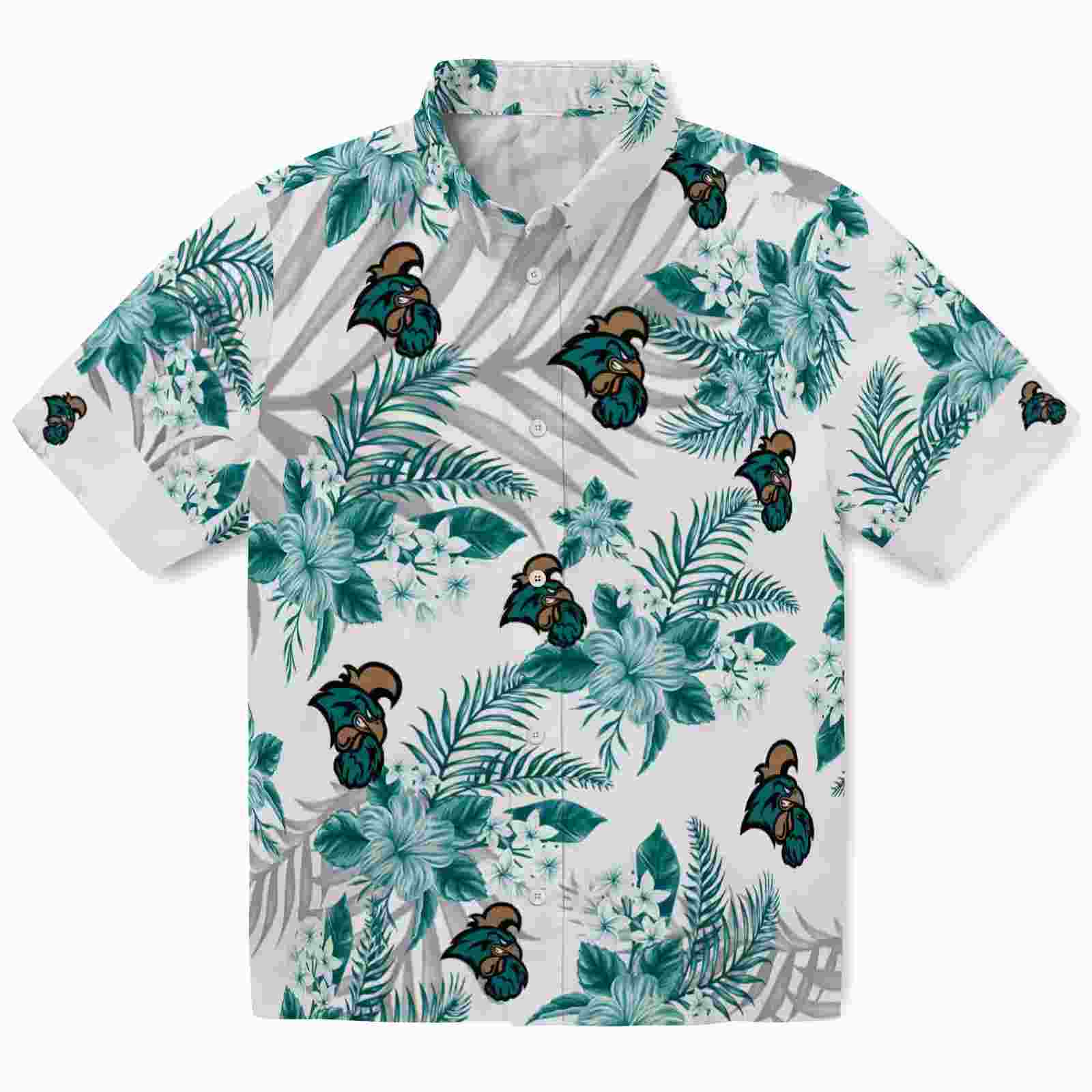 Coastal Carolina Chanticleers Hibiscus Palm Leaves Green White Hawaiian Shirt